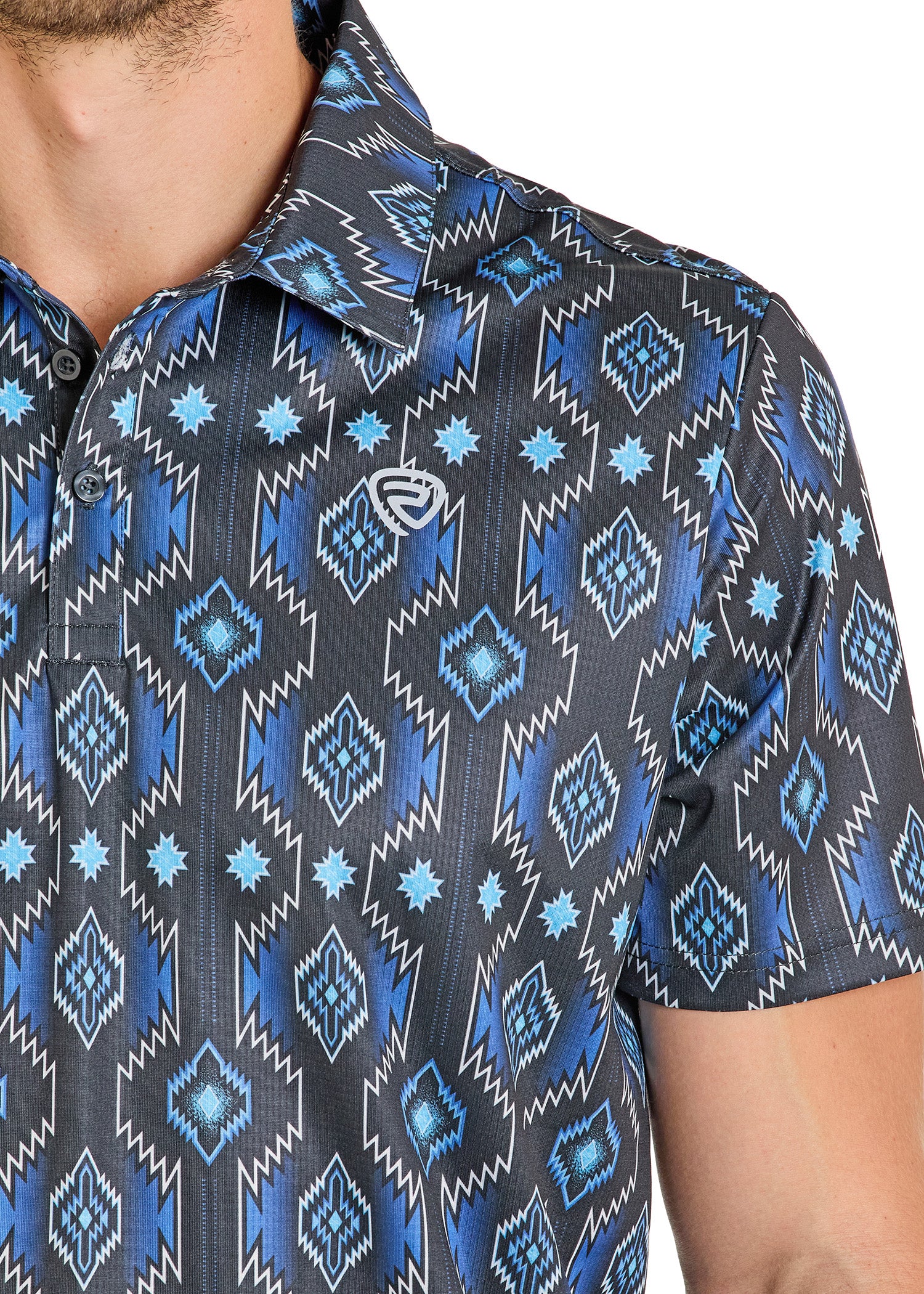 Close-up of a patterned shirt with blue geometric design on a white background