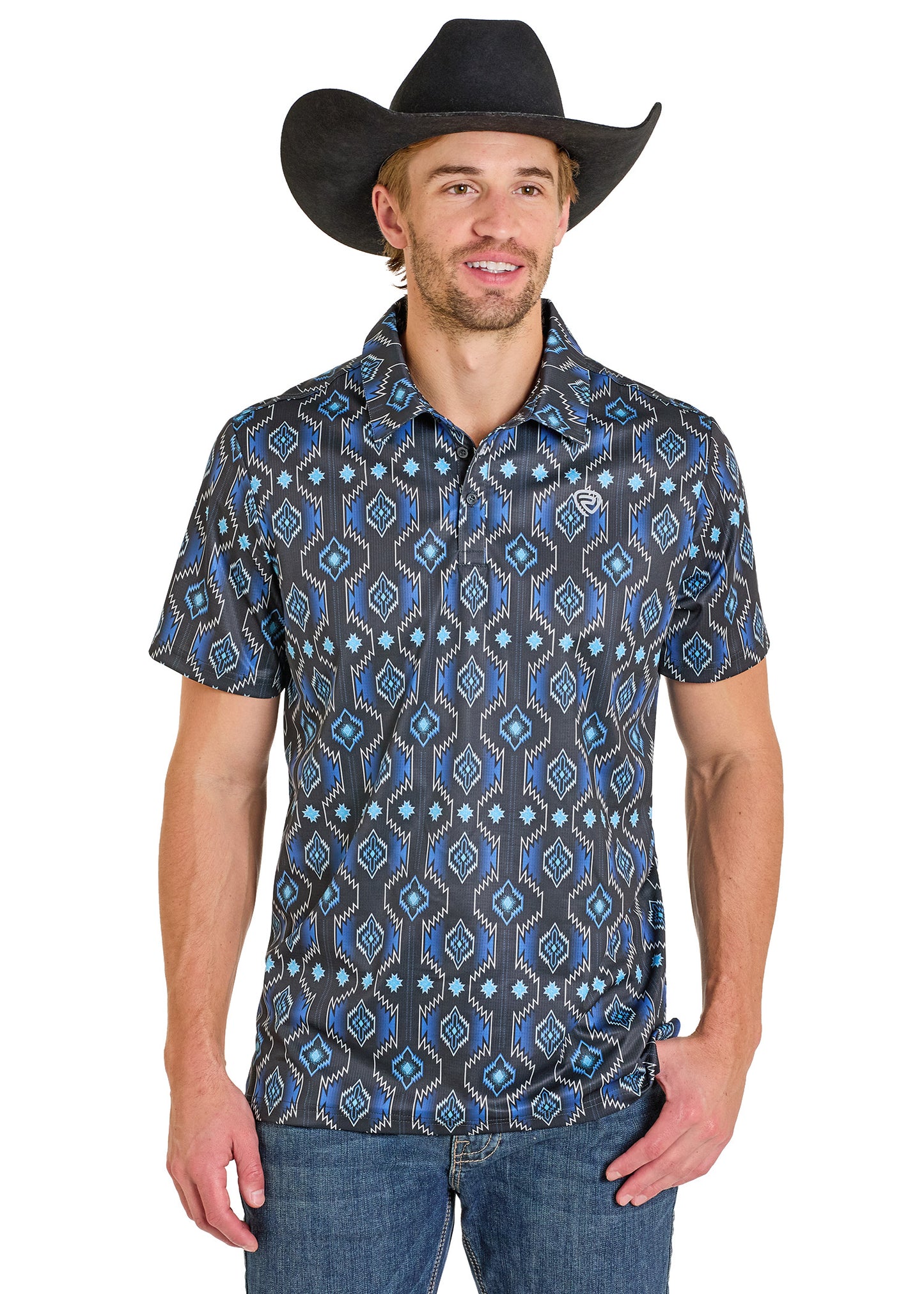 Man wearing a patterned shirt and cowboy hat on a white background