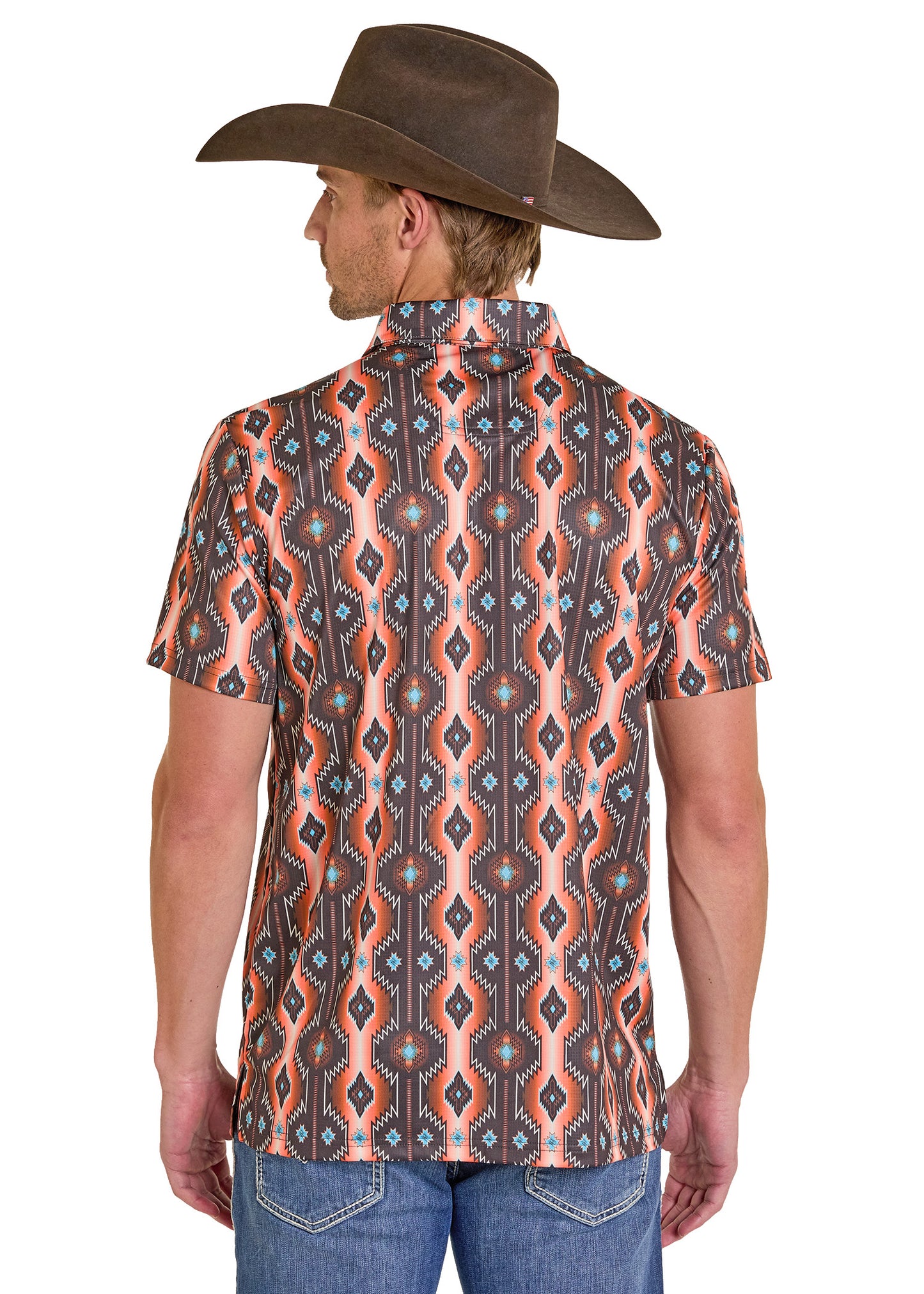 Man wearing a patterned short-sleeve shirt and cowboy hat on a white background