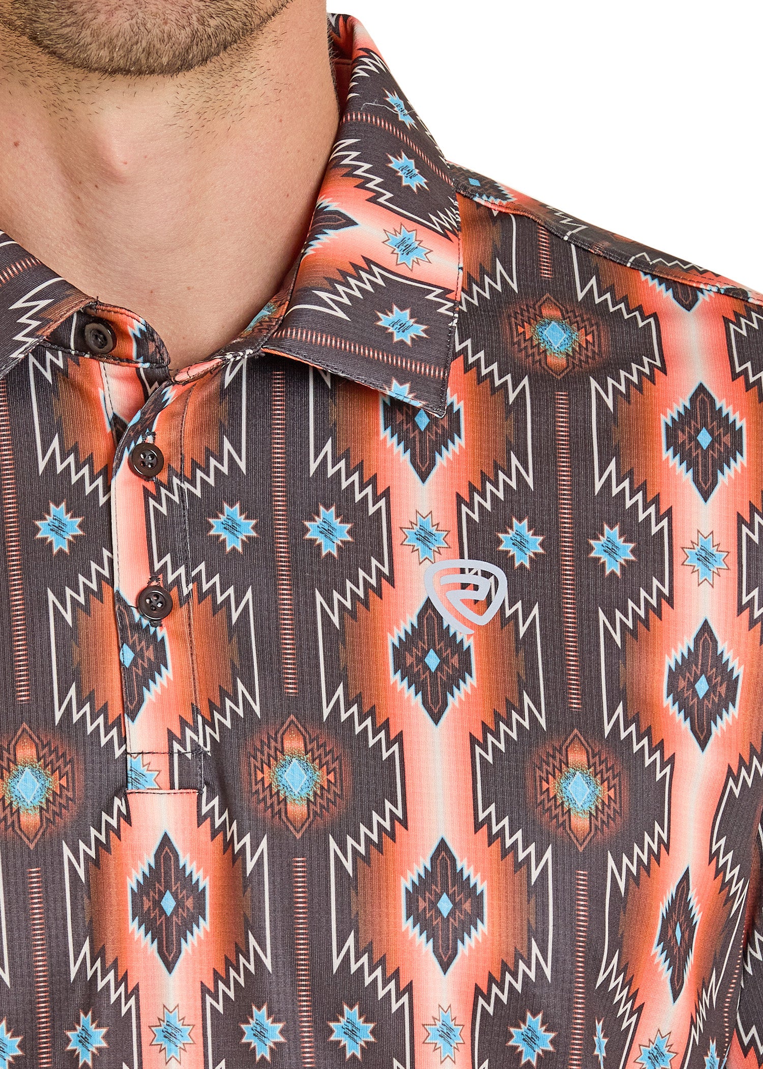 Close-up of a patterned shirt with geometric design