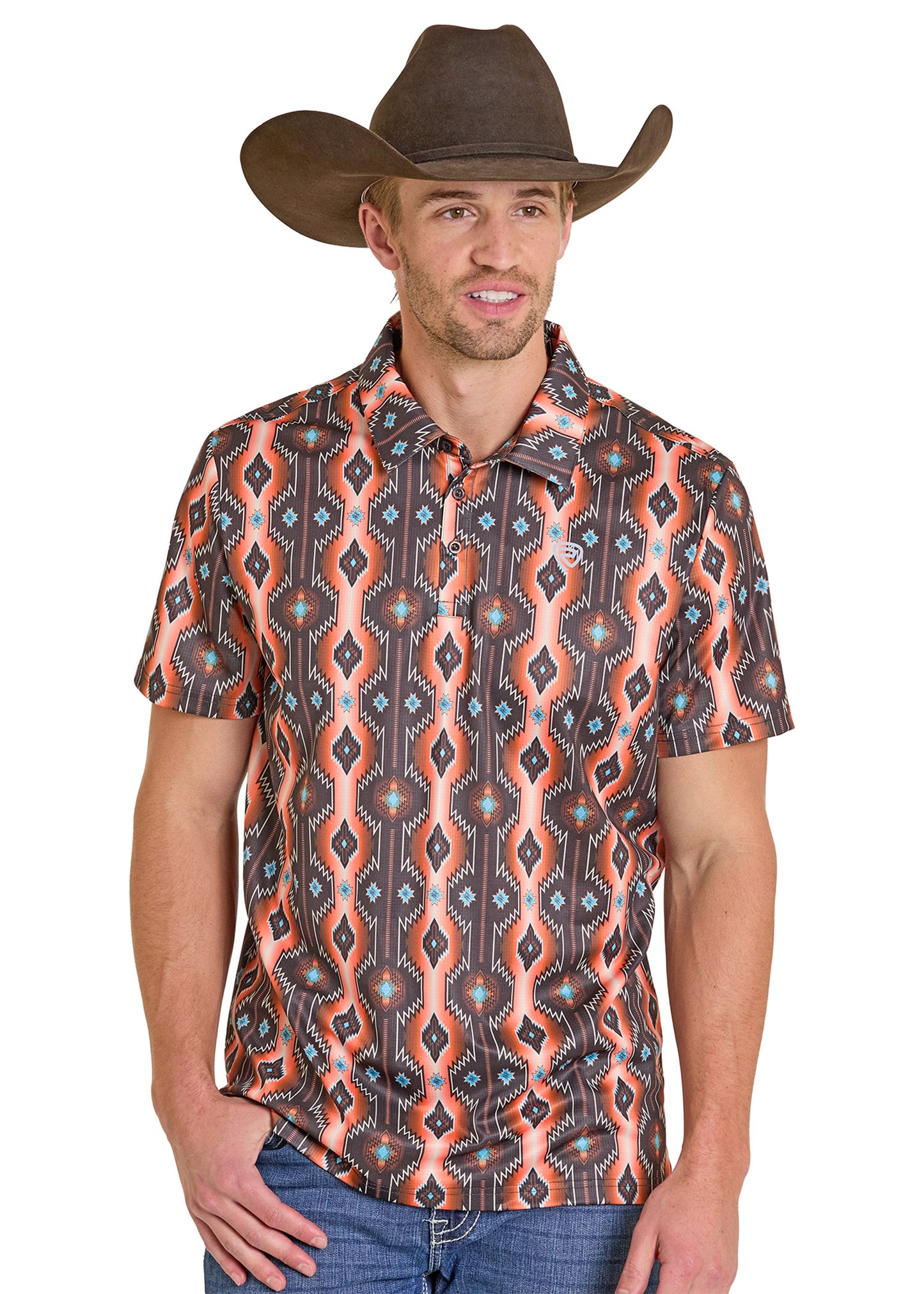 Man wearing a patterned shirt and cowboy hat on a white background