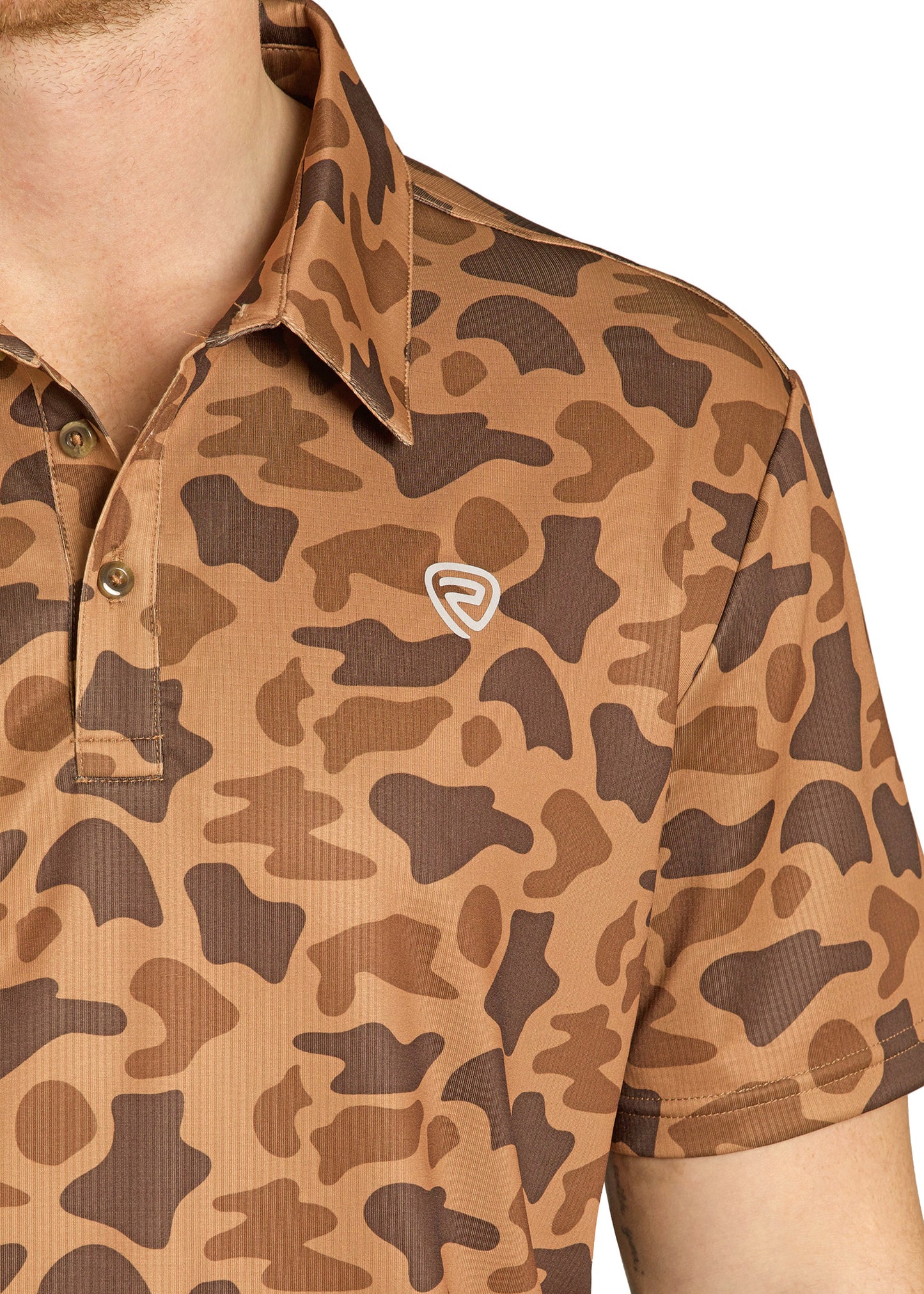 Camouflage-patterned polo shirt with a brand logo on a white background