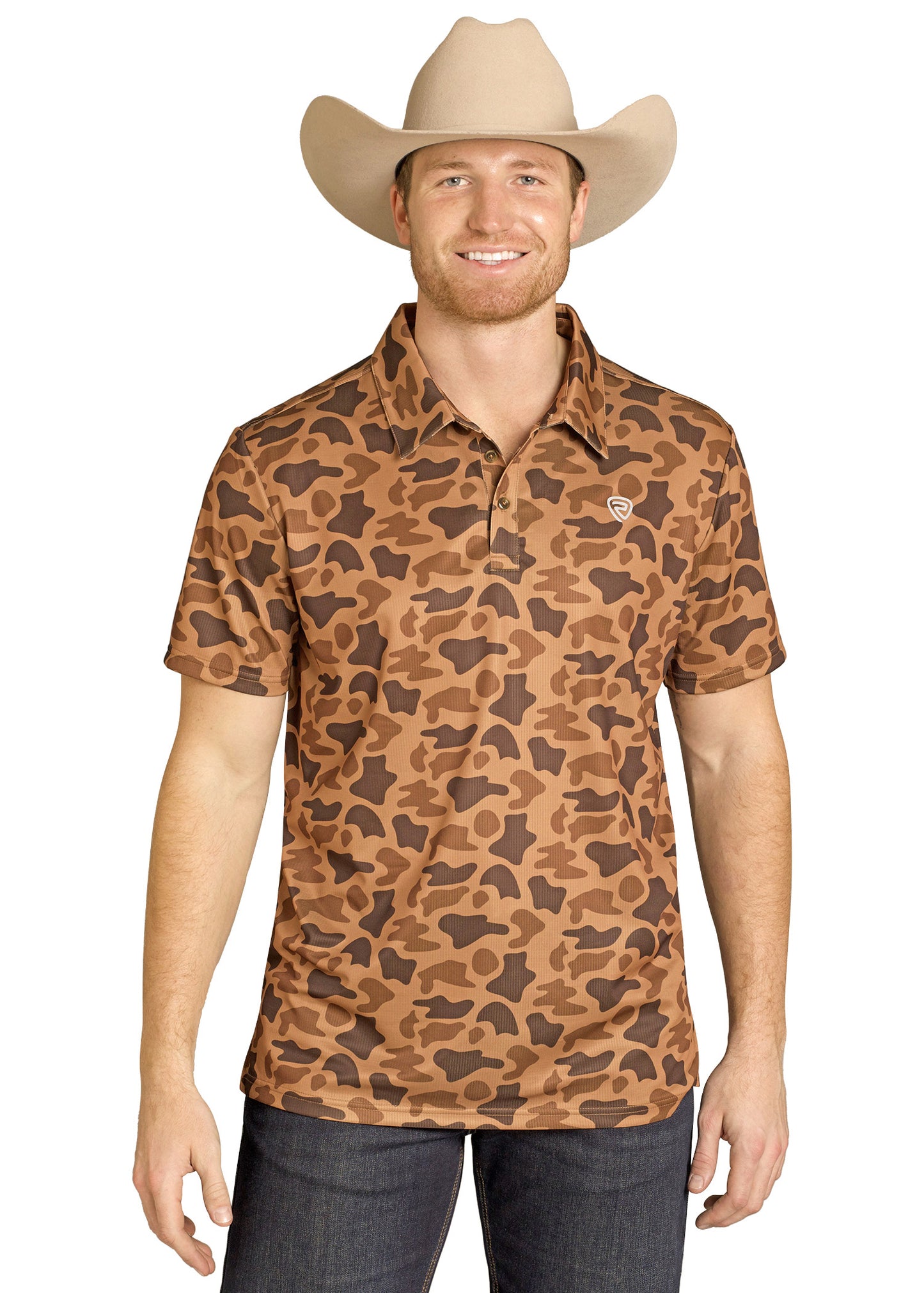 Man wearing a camouflage polo shirt and cowboy hat on a white background