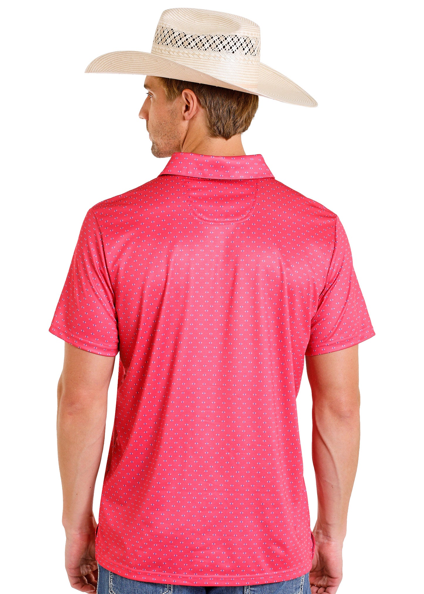 Man wearing a pink polo shirt and beige cowboy hat on a white background