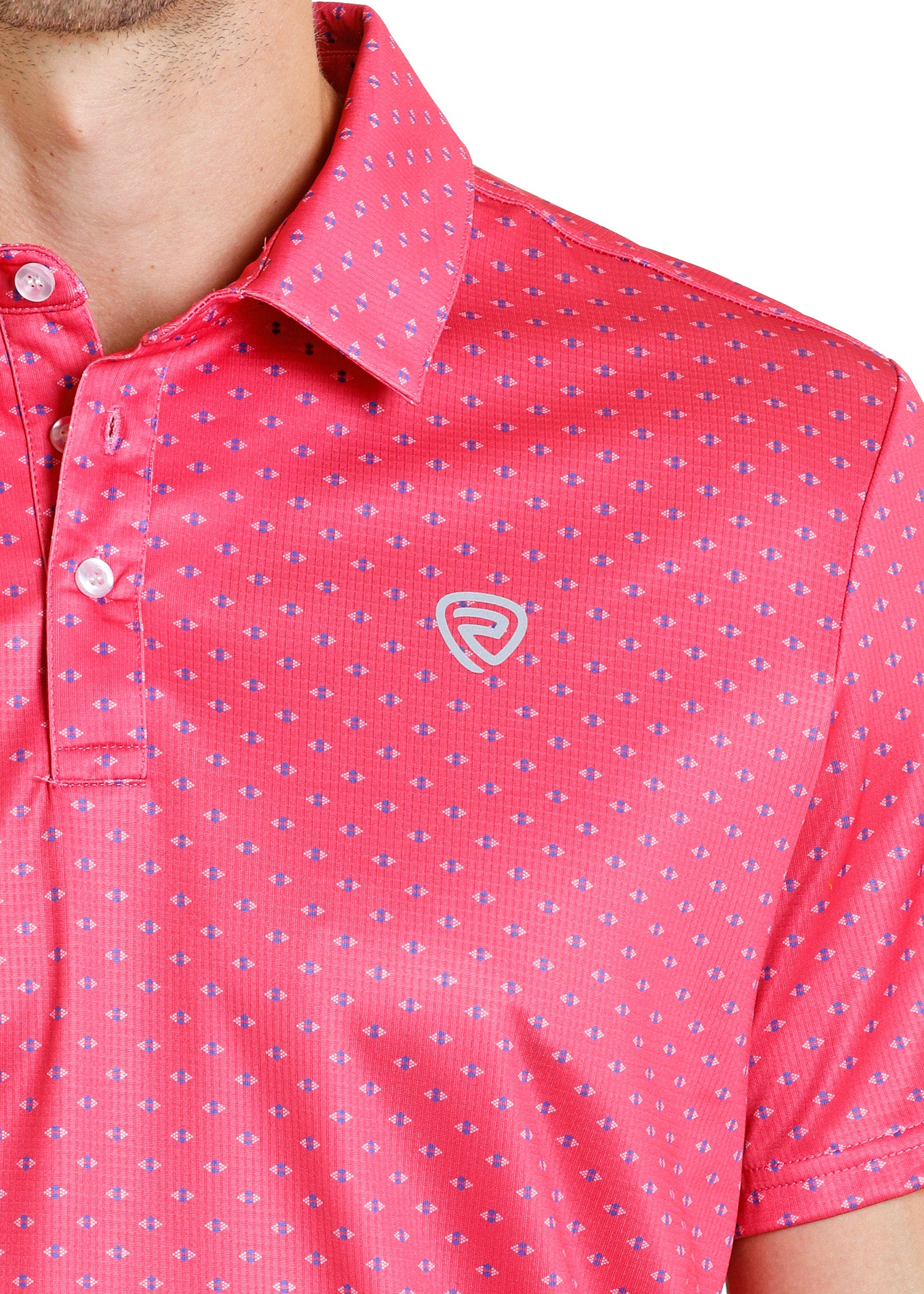 Close-up of a pink patterned polo shirt with a brand logo on a white background