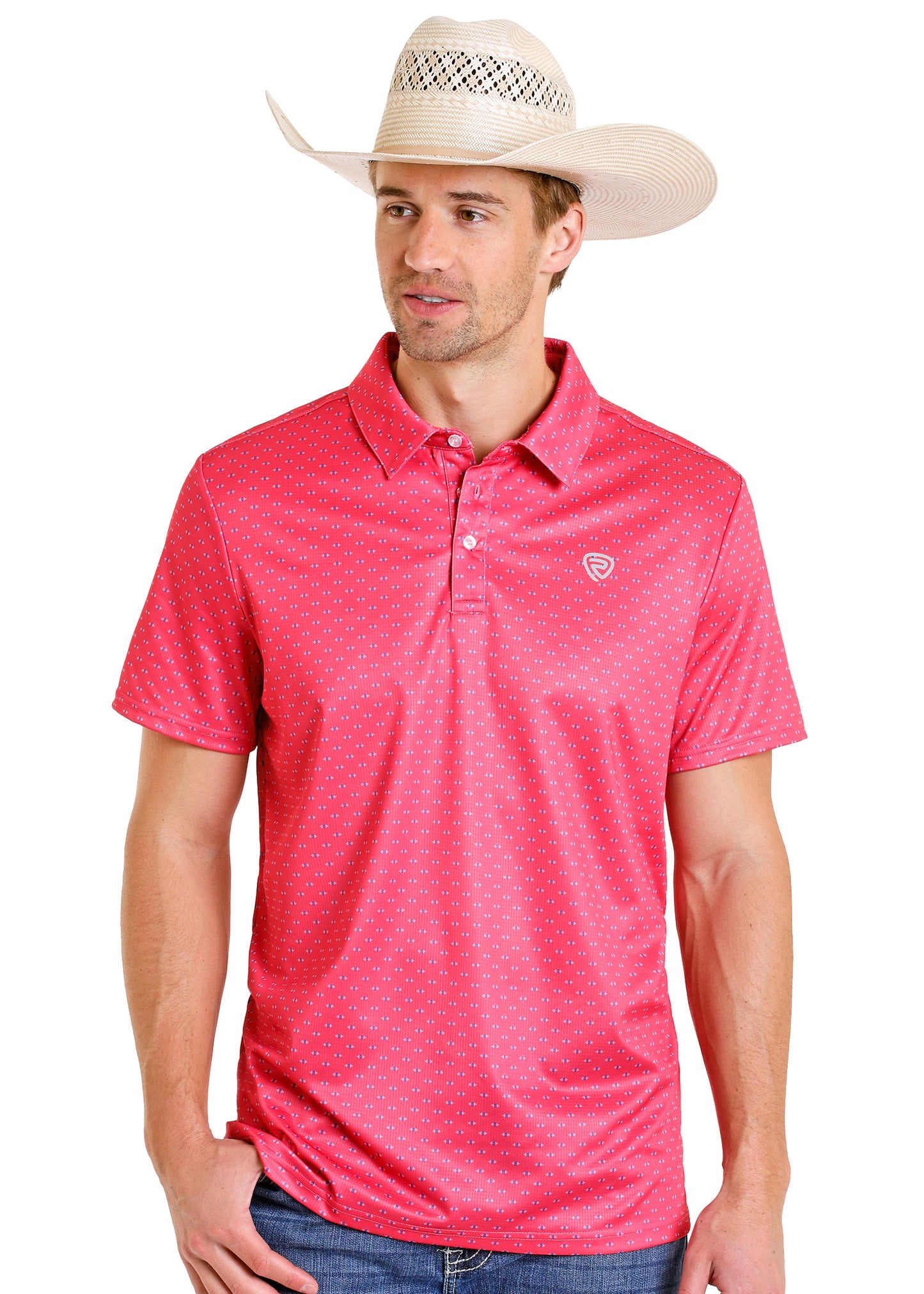 Man wearing a red polo shirt and cowboy hat on a white background