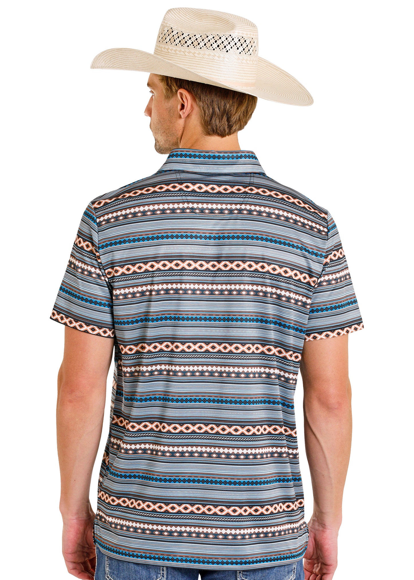 Man wearing a patterned short-sleeve shirt and cowboy hat on a white background