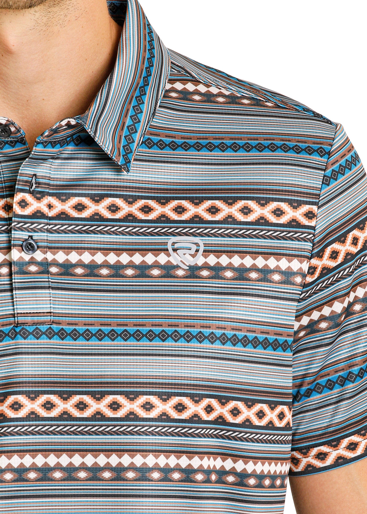 Close-up of a patterned polo shirt with a brand logo.