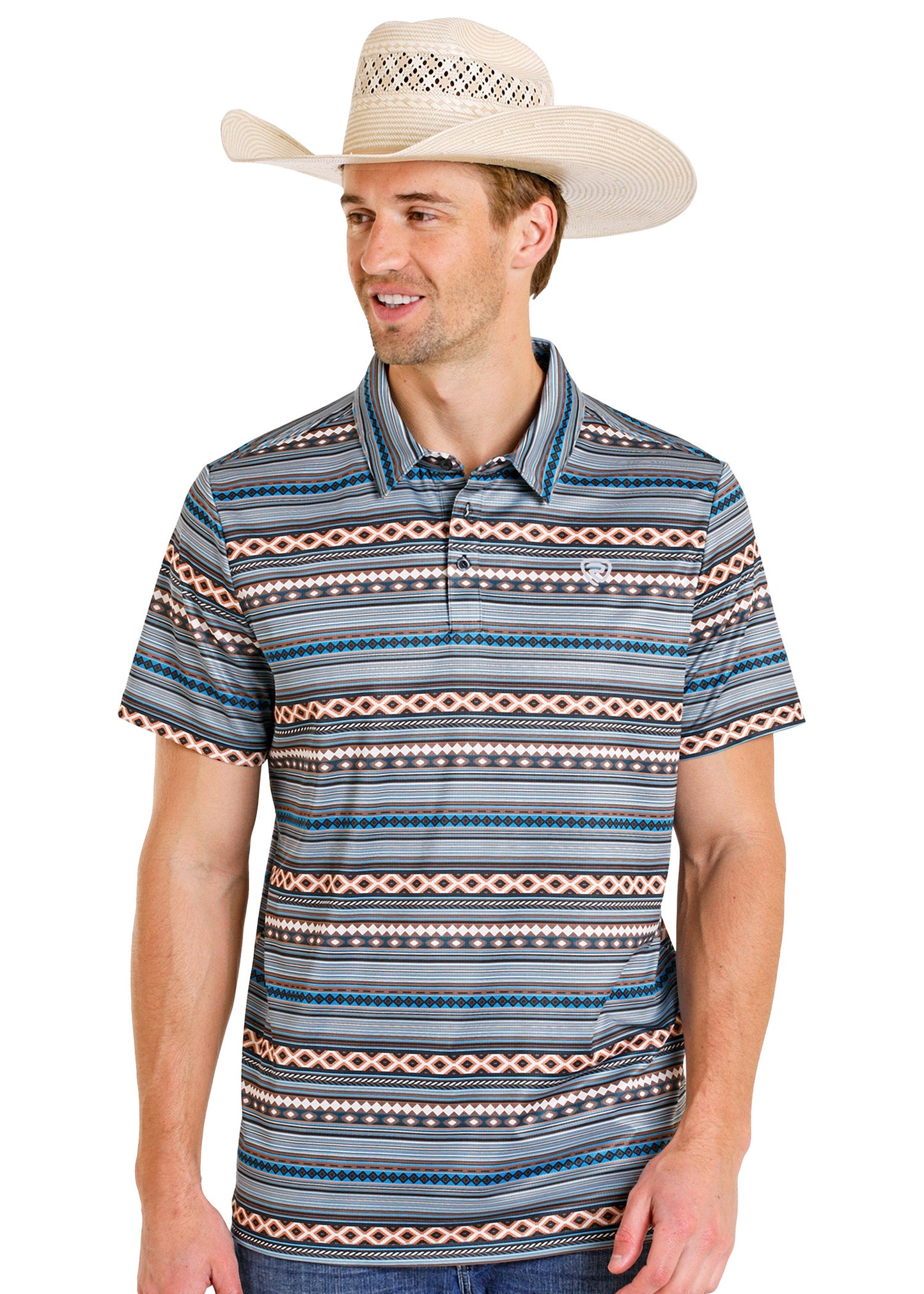 Man wearing a patterned polo shirt and cowboy hat on a white background
