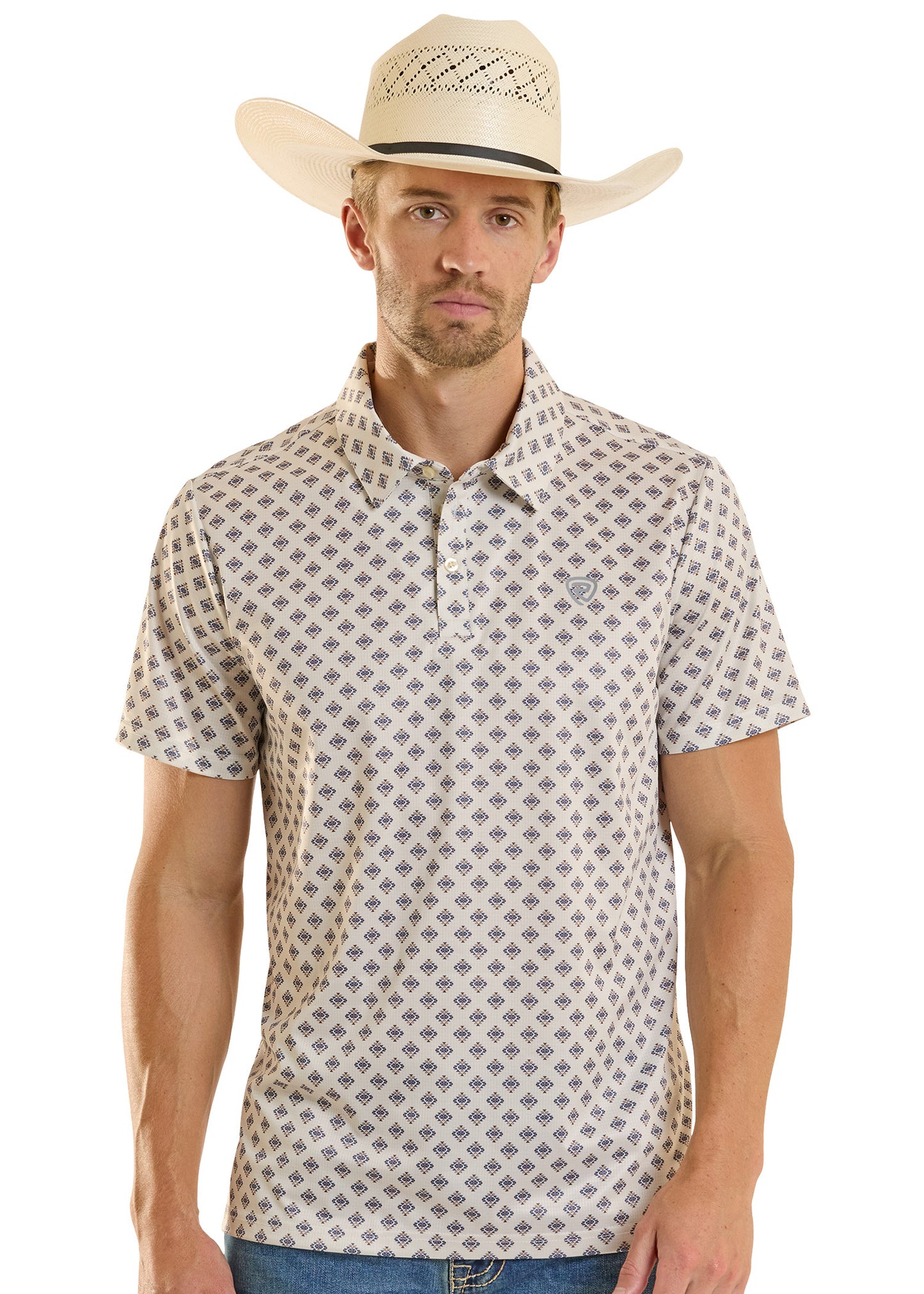 Man wearing a patterned polo shirt and cowboy hat on a white background