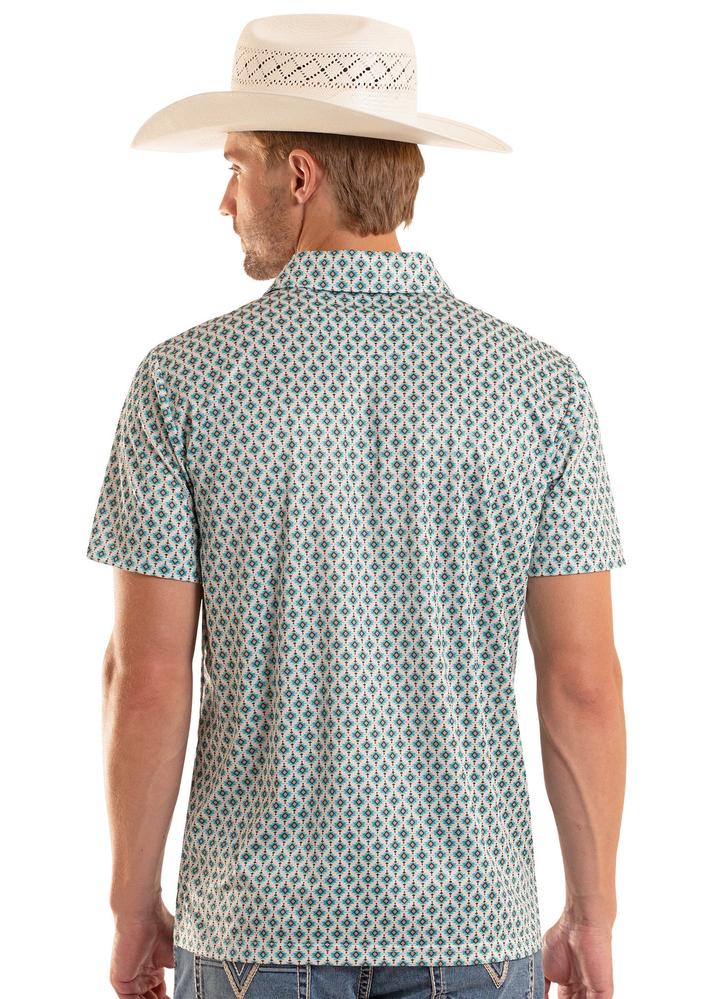 Man wearing a patterned shirt and straw hat on a white background