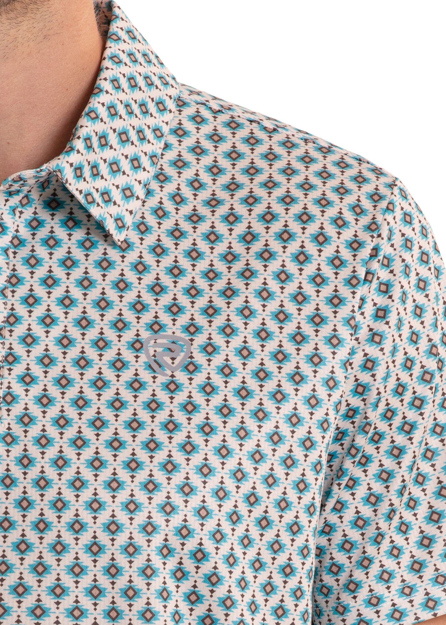 Close-up of a patterned shirt with geometric design