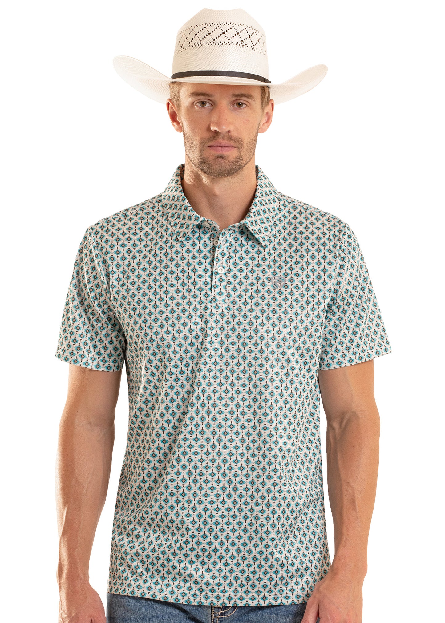 Man wearing a patterned shirt and cowboy hat on a white background