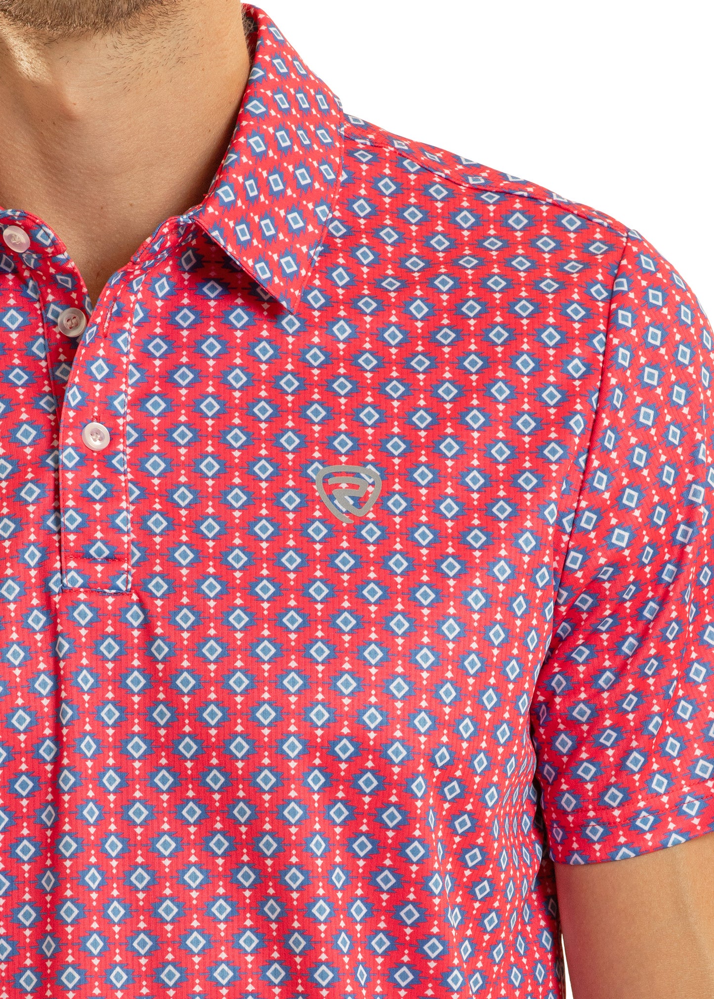 Red and blue patterned shirt with a brand logo on a white background