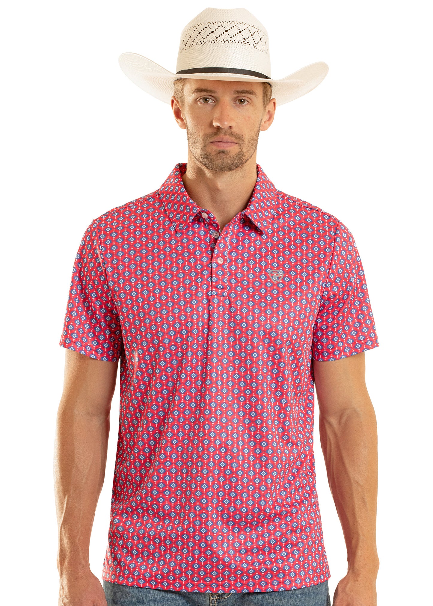 Man wearing a red patterned shirt and white cowboy hat on a white background