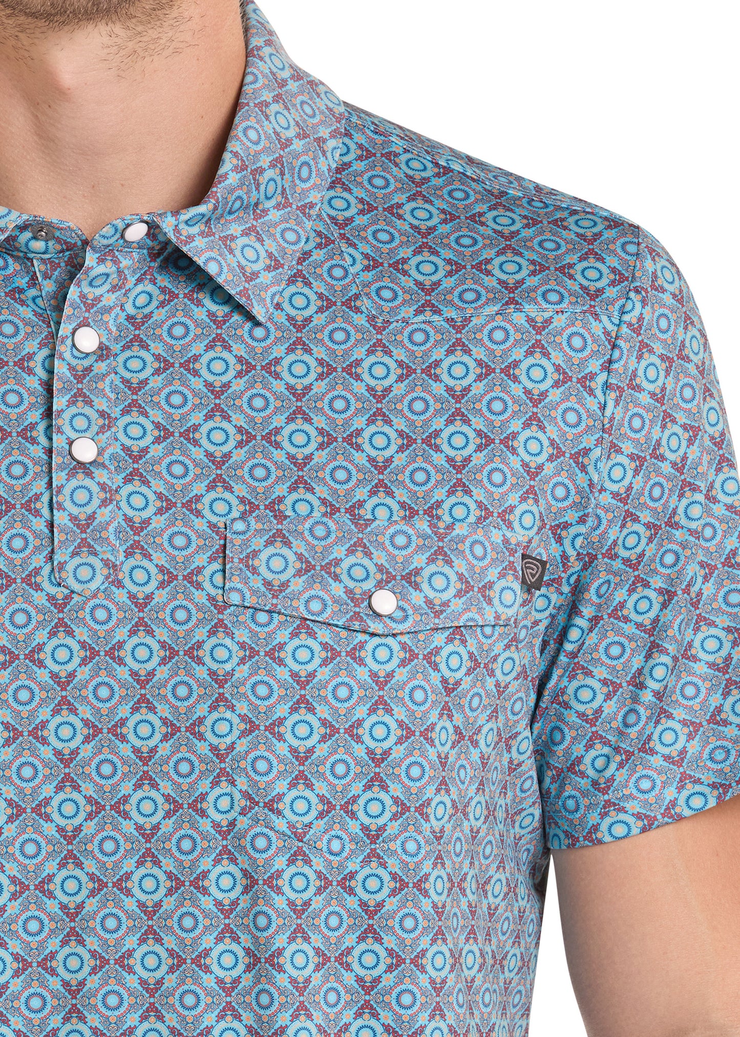 Close-up of a patterned shirt with a geometric design on a white background