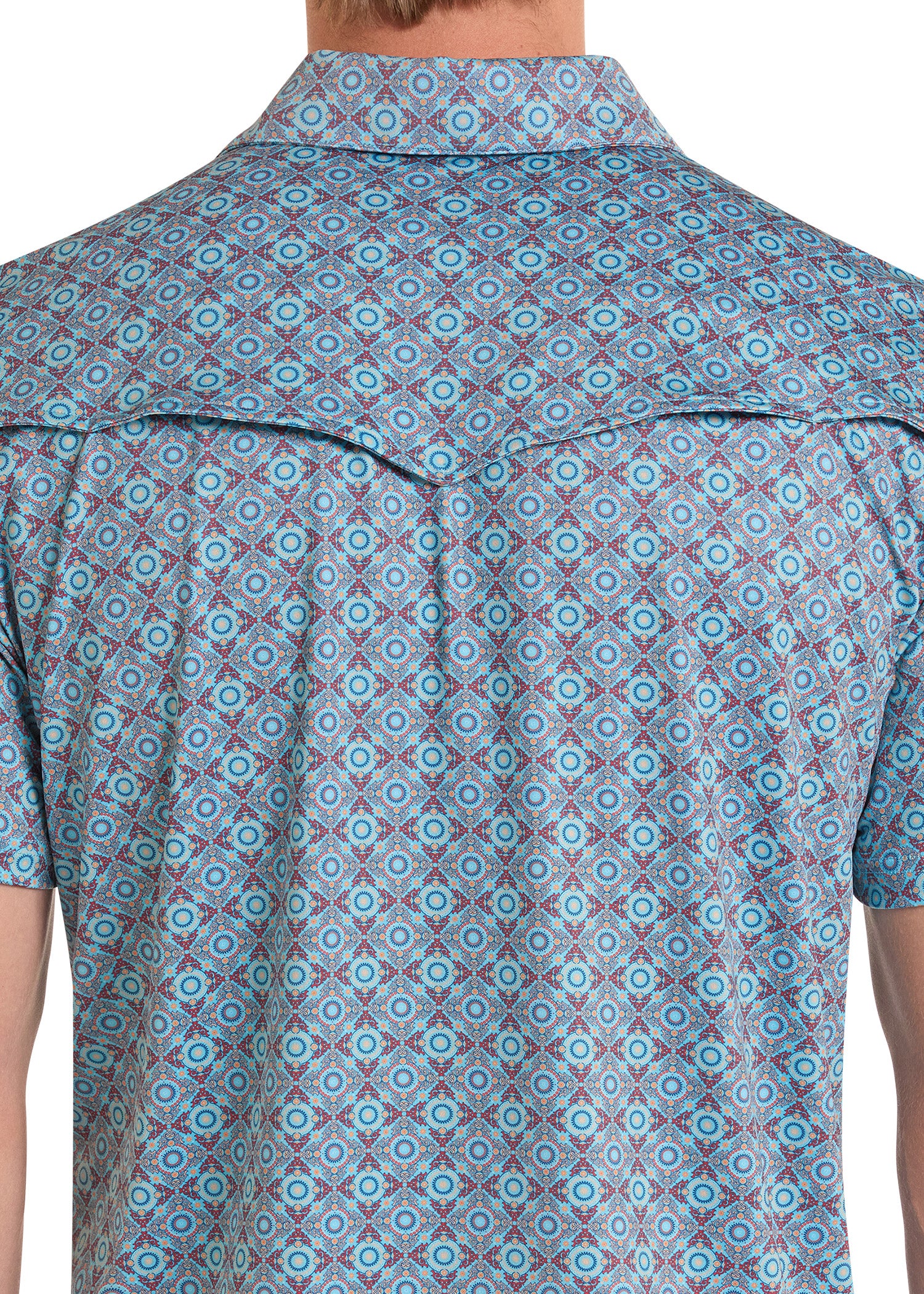 Short-sleeve shirt with a blue and red geometric pattern on a white background