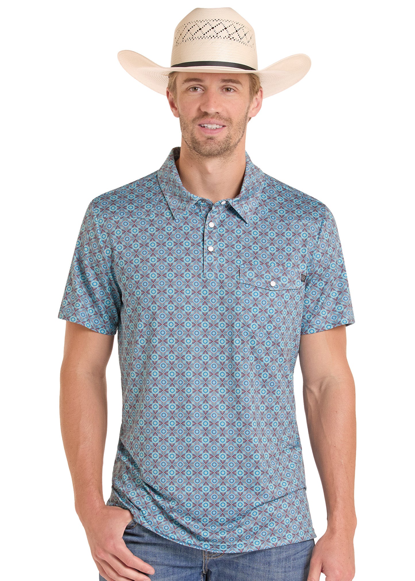 Man wearing a patterned blue shirt and straw hat on a white background