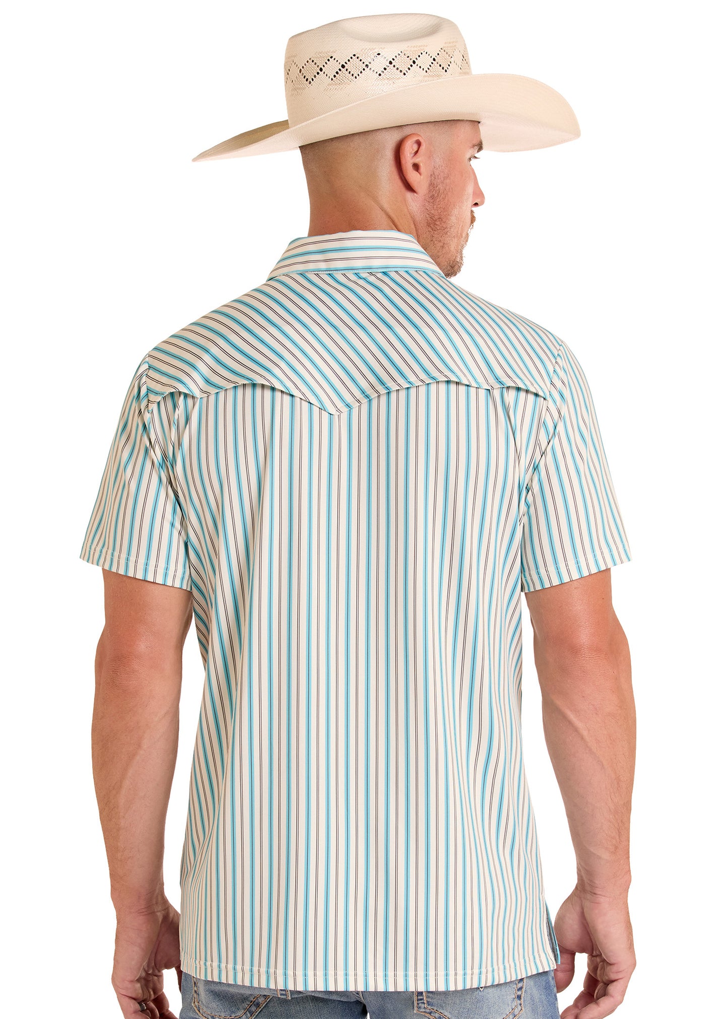 Man wearing a striped short-sleeve shirt and cowboy hat on a white background