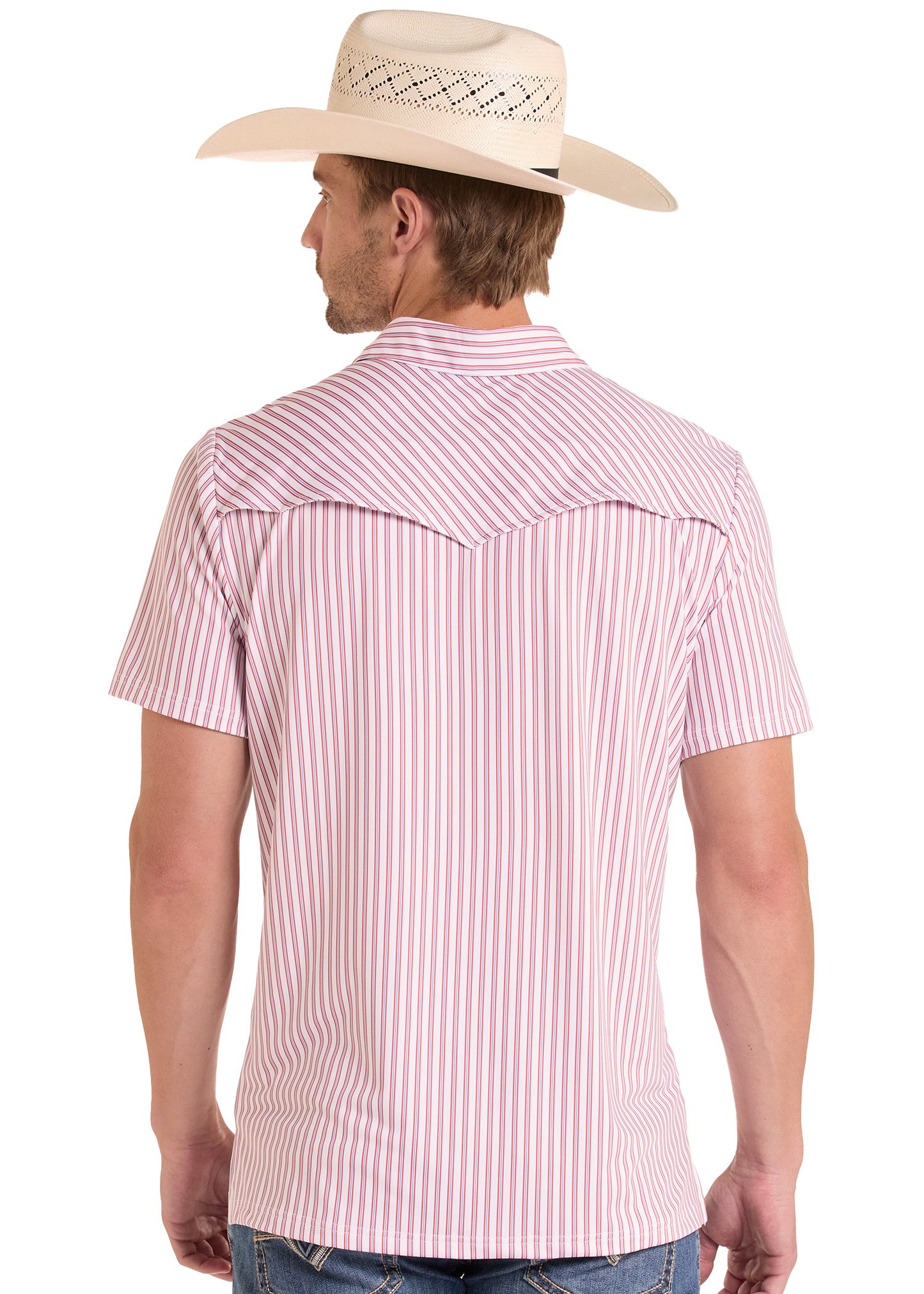 Man wearing a pink and white striped shirt with a cowboy hat on a white background