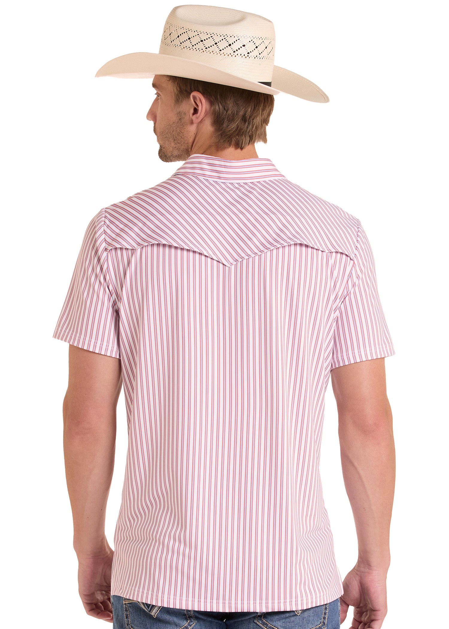 Man wearing a pink and white striped shirt with a cowboy hat on a white background