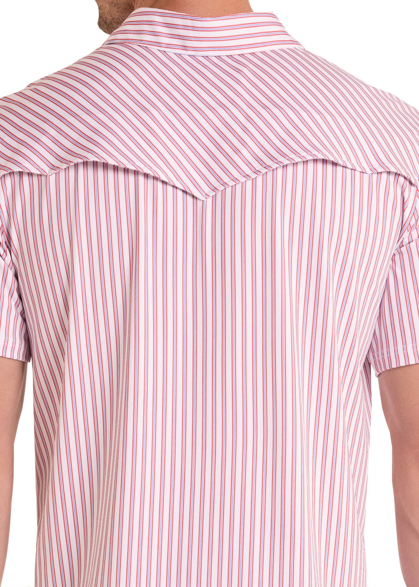 Close-up of a person wearing a pink and white striped shirt with short sleeves.