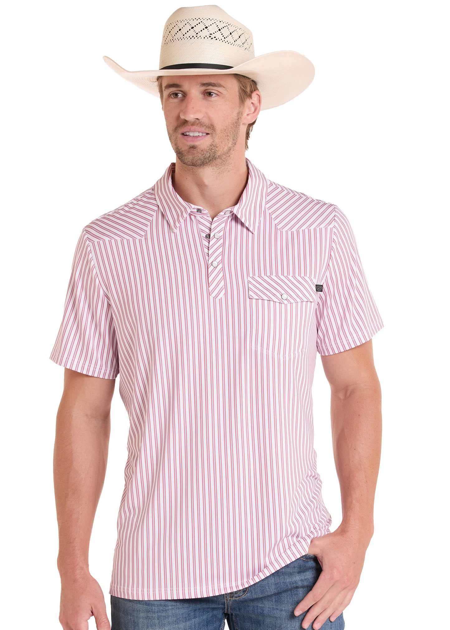 Man wearing a pink striped shirt and cowboy hat on a white background