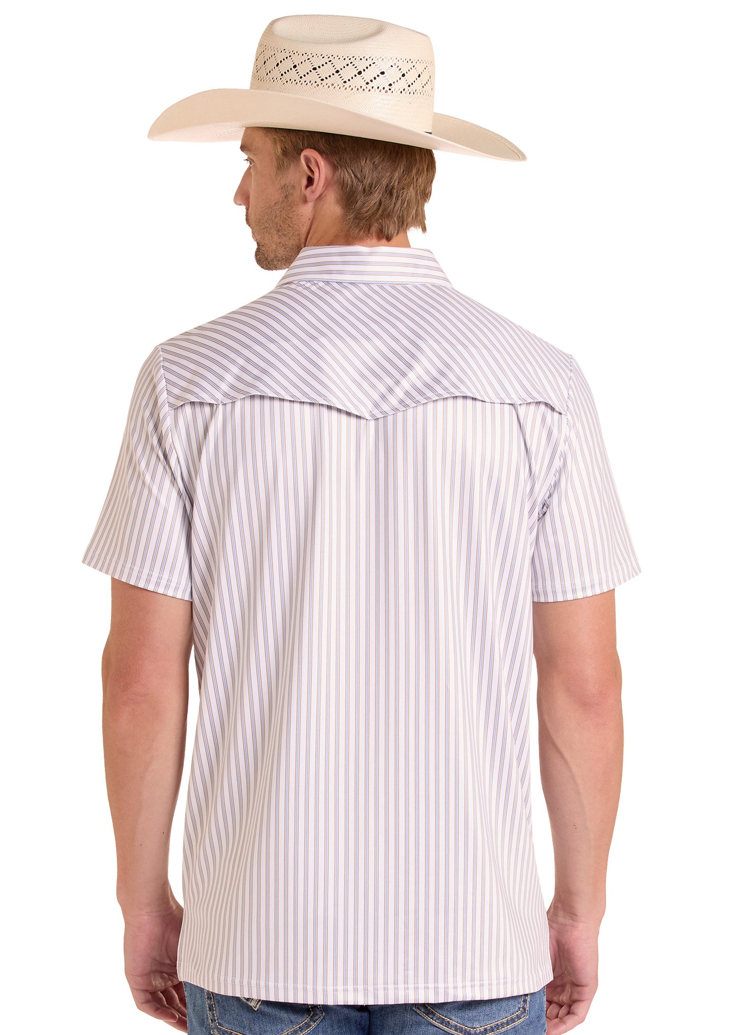 Man wearing a white and gray striped short-sleeve shirt with a cowboy hat on a white background