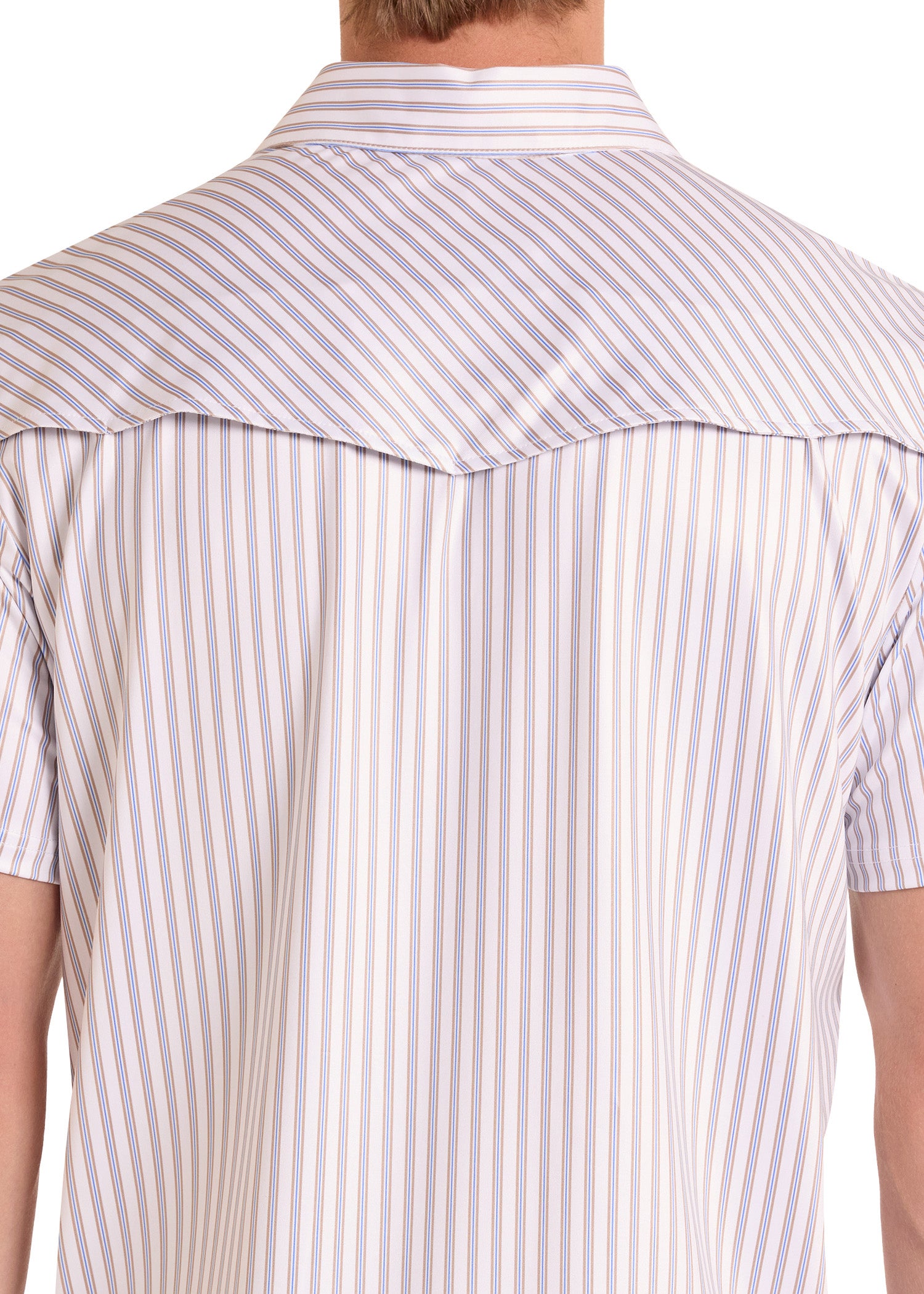 Close-up of a person wearing a short-sleeve, button-up shirt with a striped pattern.
