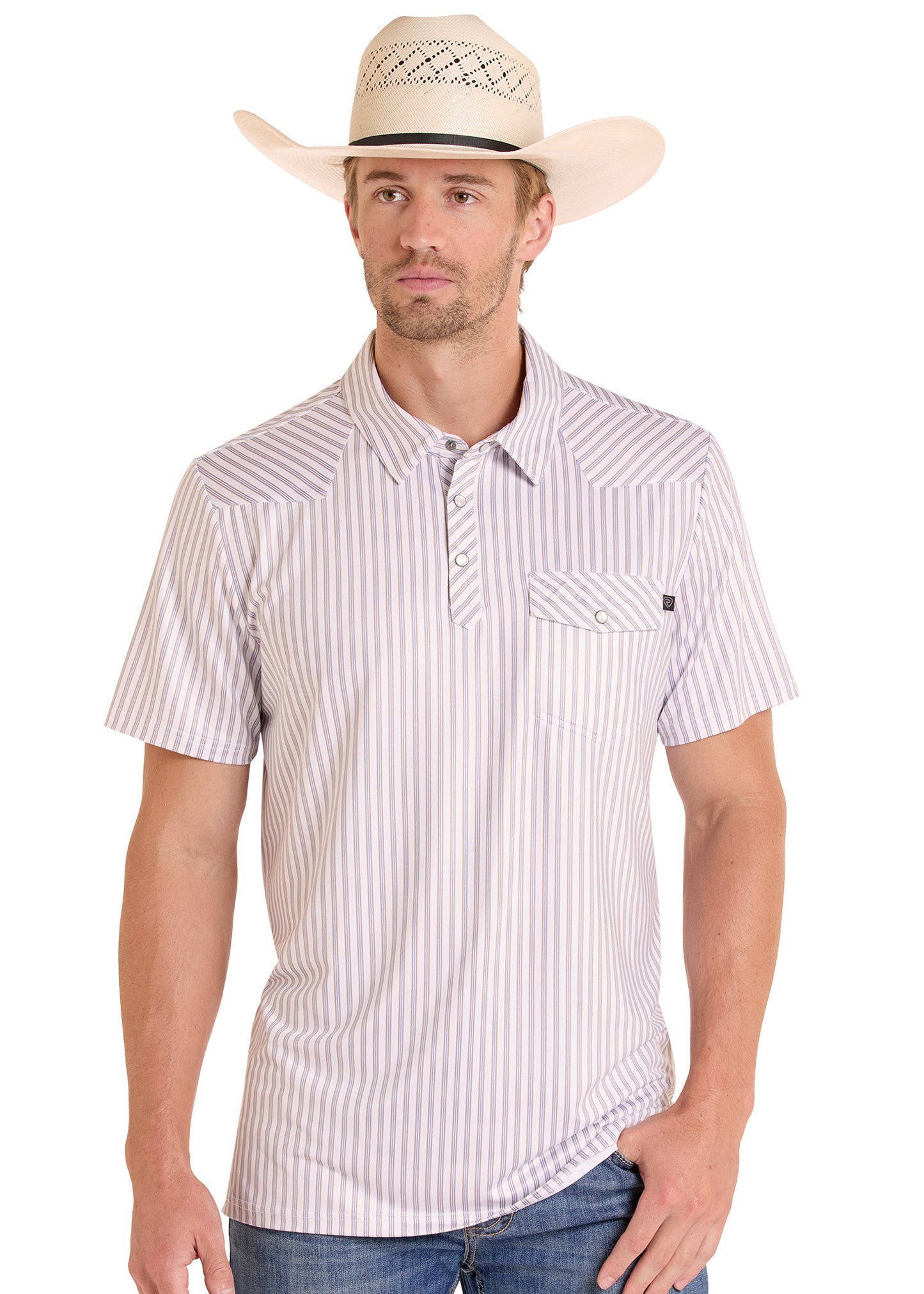 Man wearing a striped shirt and cowboy hat on a white background