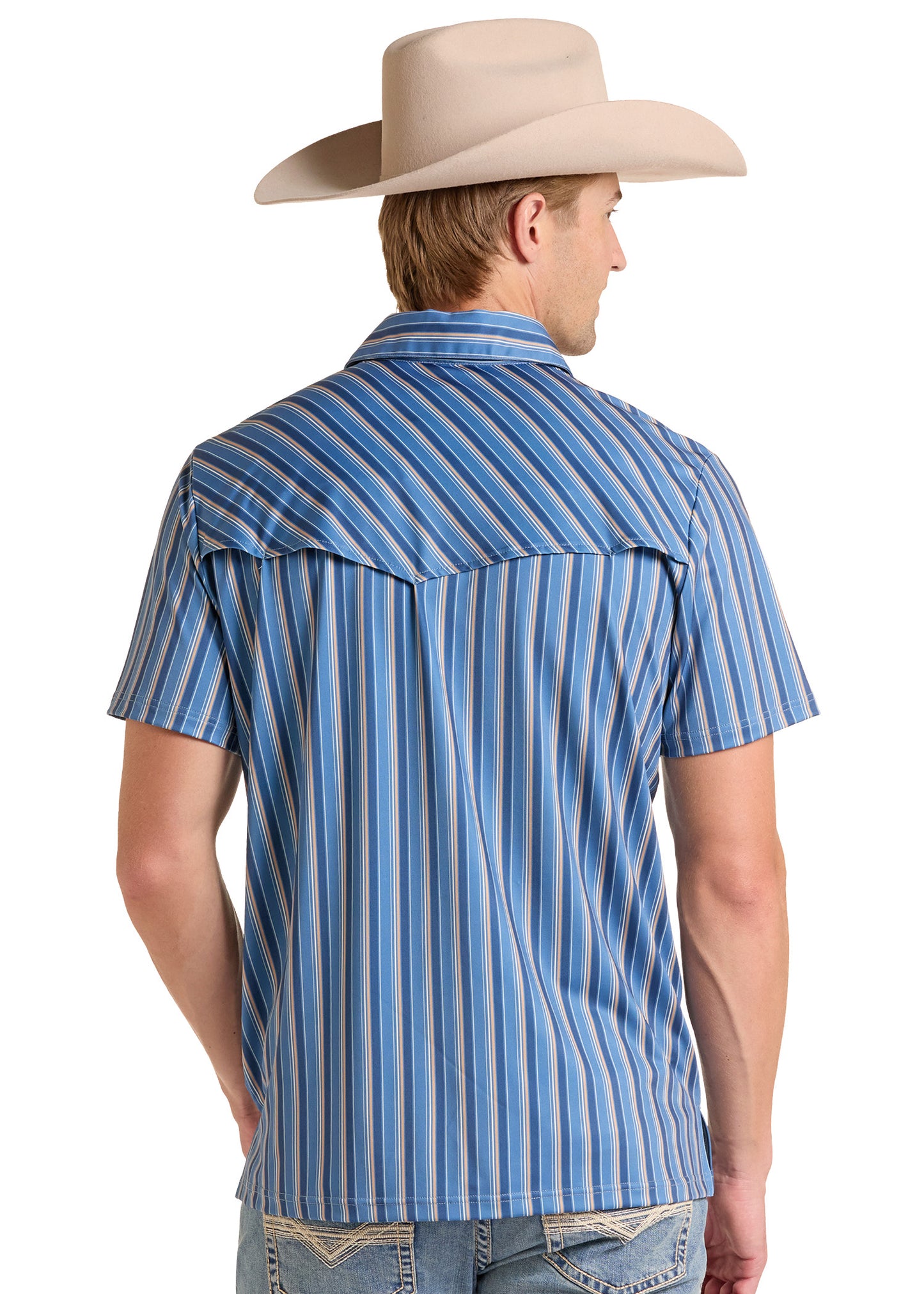 A man wearing a light beige cowboy hat and a blue and white vertically striped western short-sleeve shirt, shown from the back against a plain white background.
