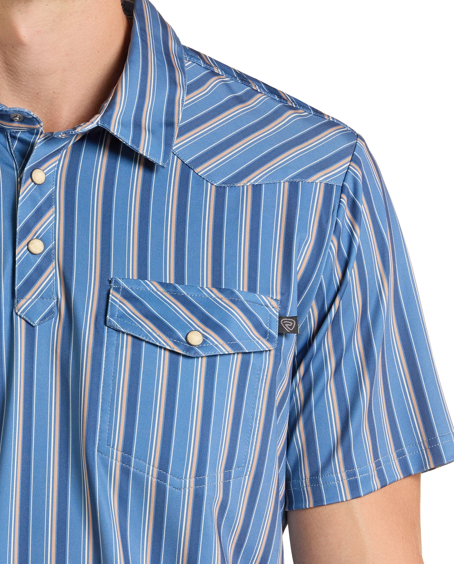 Close-up of a blue short-sleeve western-style button-up shirt with vertical stripes in white and tan, featuring a chest pocket and snap-button closure.