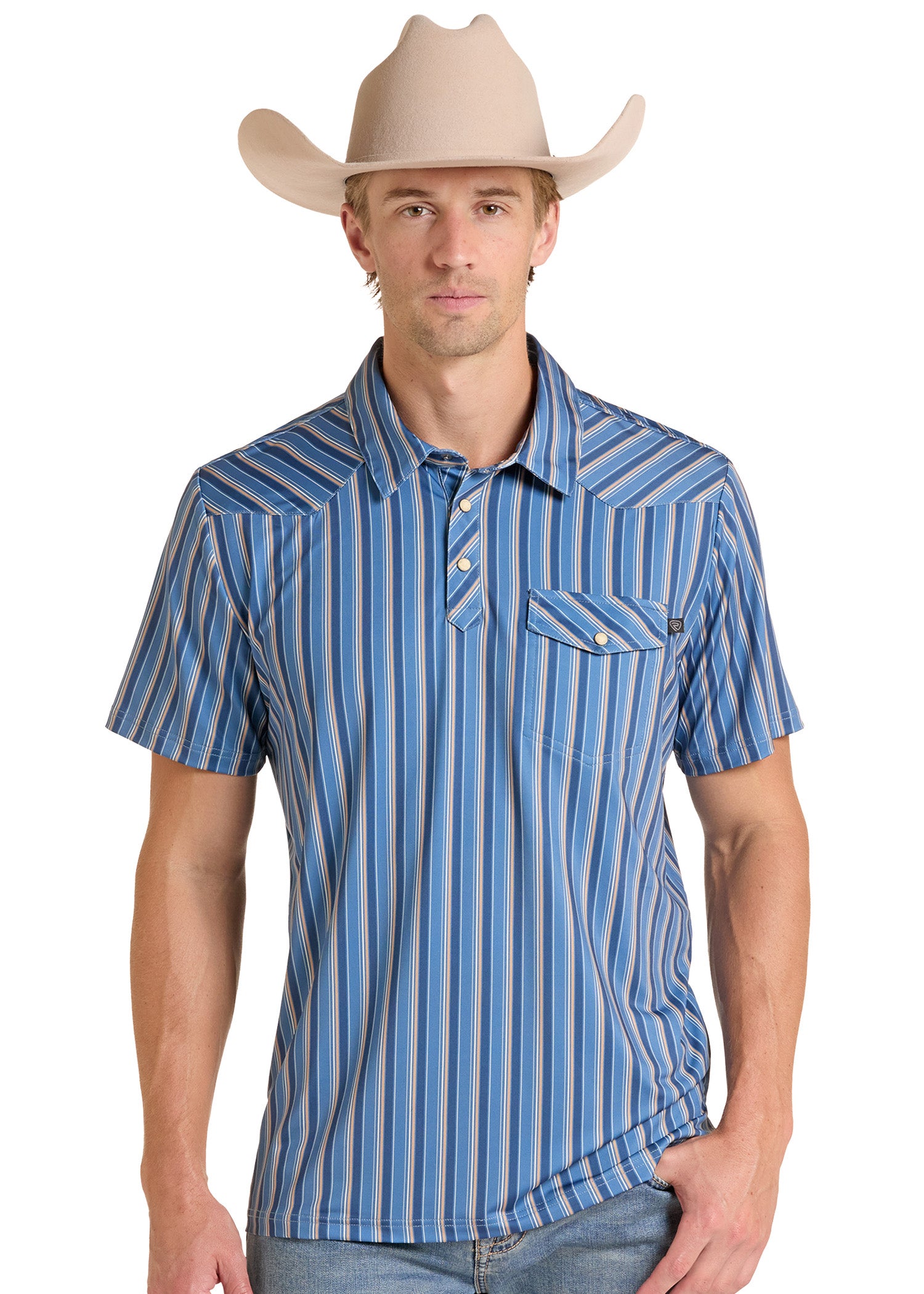 A man wearing a blue and white vertically striped short-sleeve western shirt with a chest pocket, paired with a beige cowboy hat and jeans, against a plain white background.
