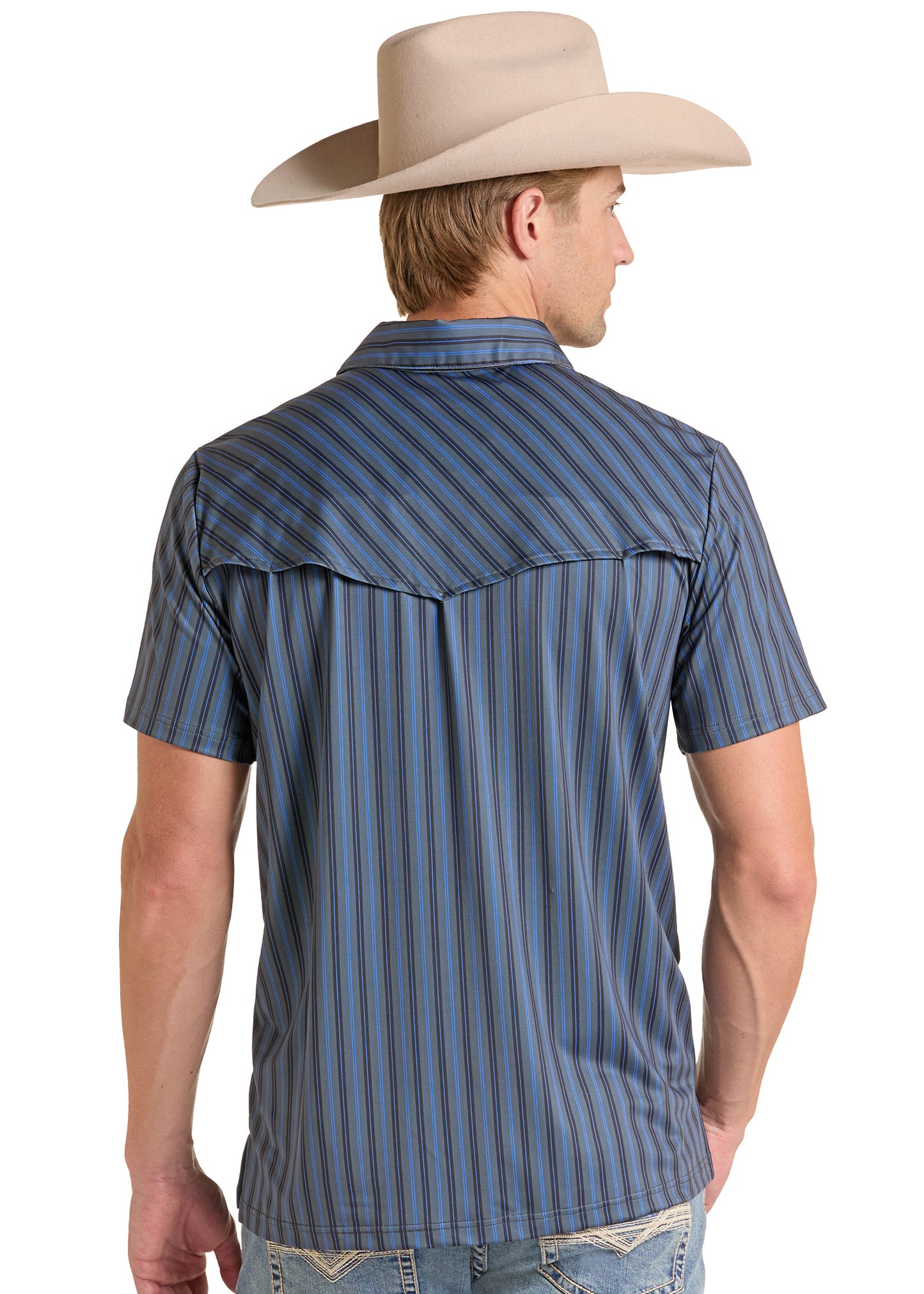 A man wearing a blue and gray vertically striped short-sleeve western shirt, viewed from the back, paired with a beige cowboy hat and jeans against a white background.