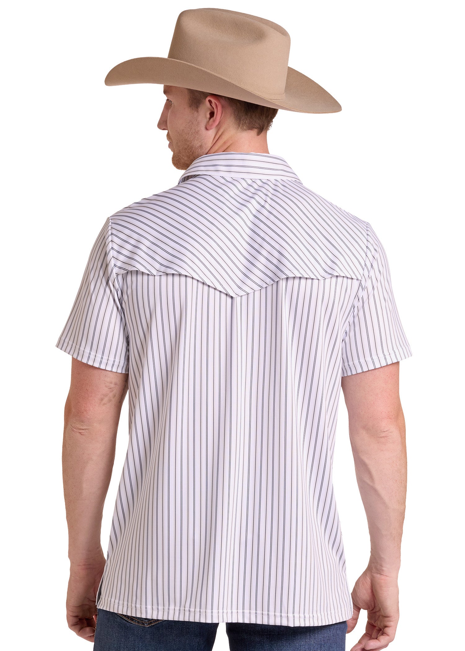 A man shown from the back wearing a short-sleeve western-style button-up shirt with thin vertical blue and white stripes, paired with a tan cowboy hat and dark jeans, against a plain white background.