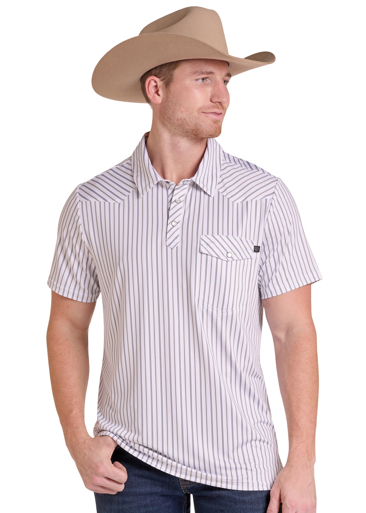 A man wearing a tan cowboy hat and a short-sleeve button-up shirt with thin vertical white and dark stripes, paired with dark jeans, photographed against a plain white background.