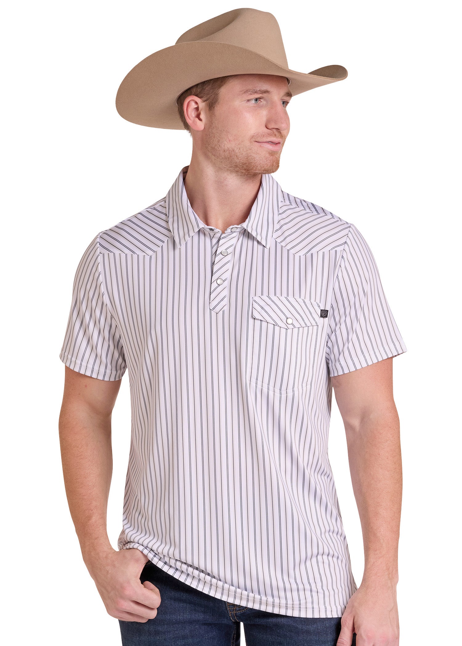 A man wearing a tan cowboy hat and a short-sleeve button-up shirt with thin vertical white and dark stripes, paired with dark jeans, photographed against a plain white background.