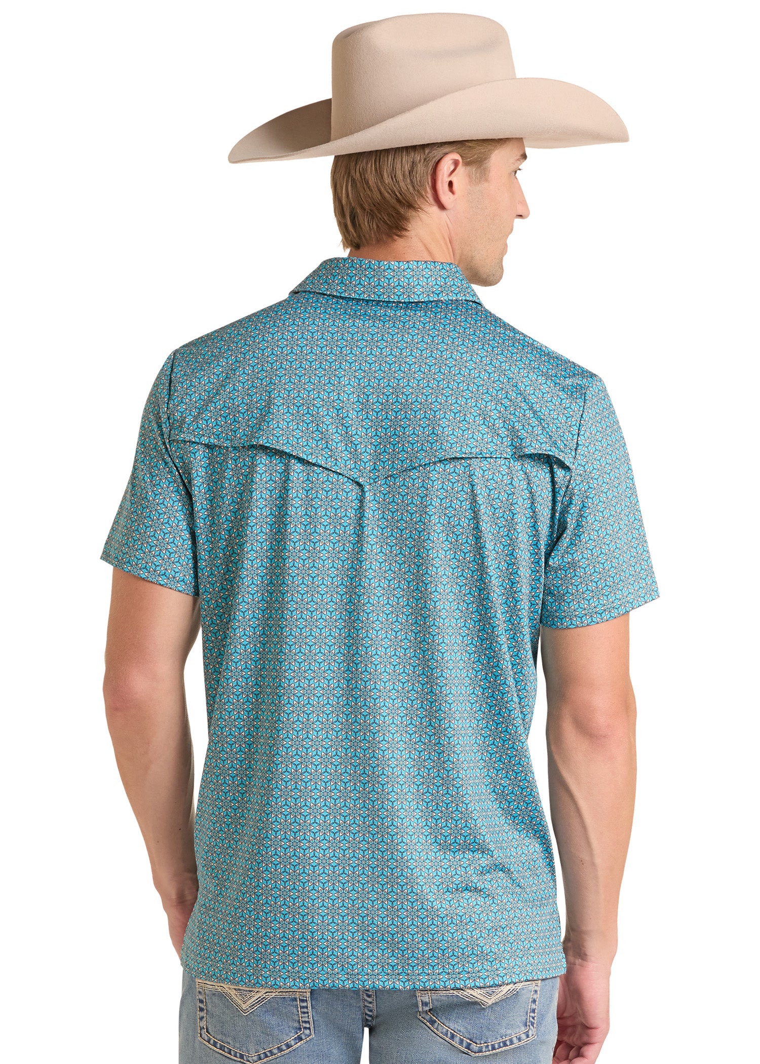 A man wearing a light beige cowboy hat and a teal short-sleeve western shirt with a geometric pattern, shown from the back against a white background.