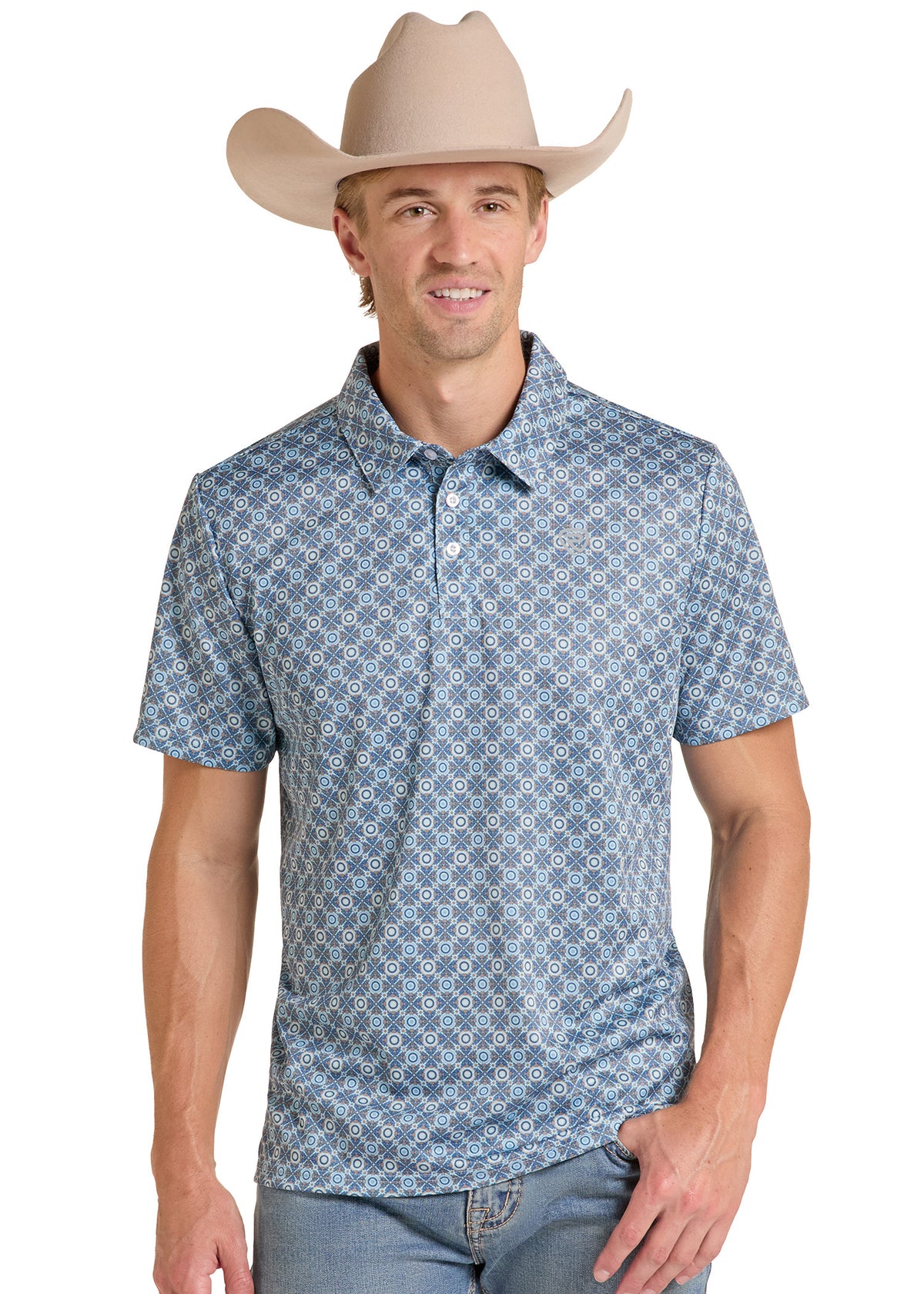 Man wearing a medallion button polo with a cowboy hat
