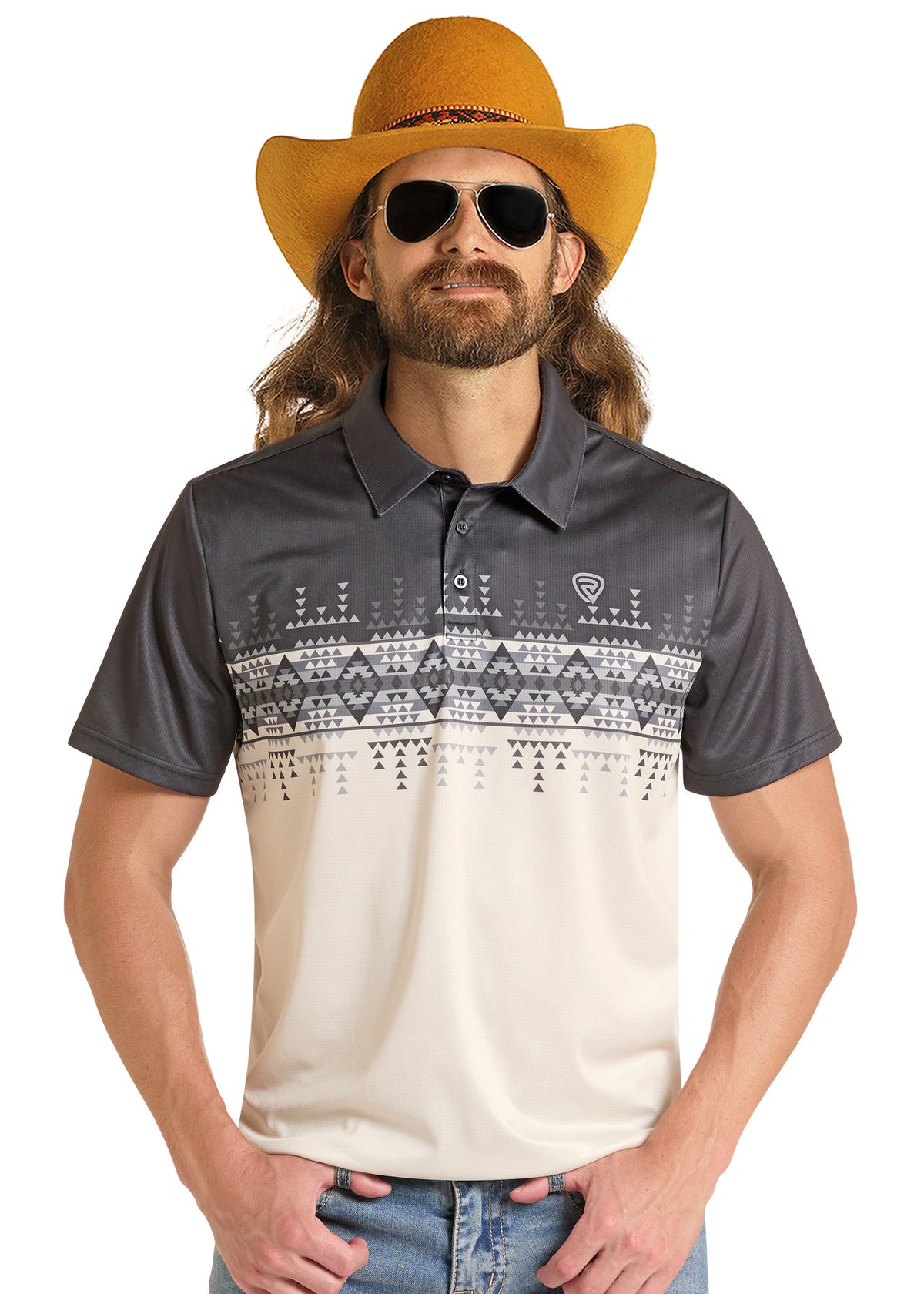 Dale Brisby wearing a dark gray and cream polo shirt with a geometric pattern across the chest, styled with a yellow cowboy hat, sunglasses, and jeans against a white background.