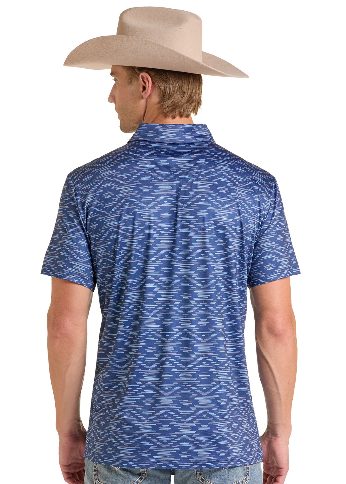 A man wearing a blue and white patterned short-sleeve polo shirt, viewed from the back, wearing a beige cowboy hat against a white background.