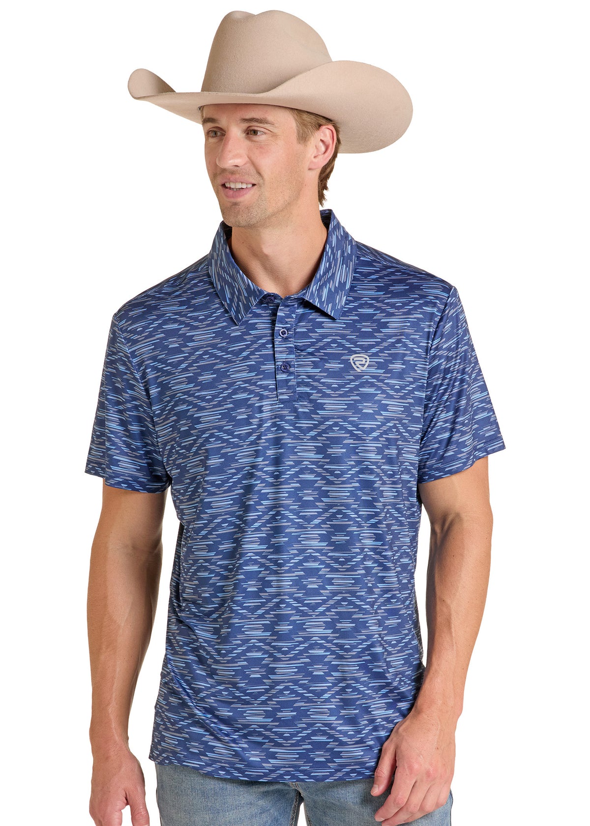 A man wearing a blue and white patterned short-sleeve polo shirt with a beige cowboy hat, shown against a plain white background.