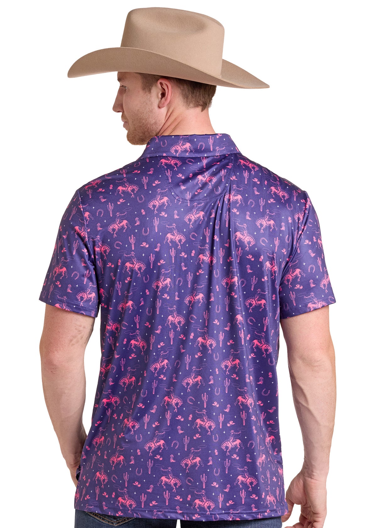 A man wearing a tan cowboy hat and a purple short-sleeve button-up shirt with a pink and white horse pattern, shown from the back against a white background.