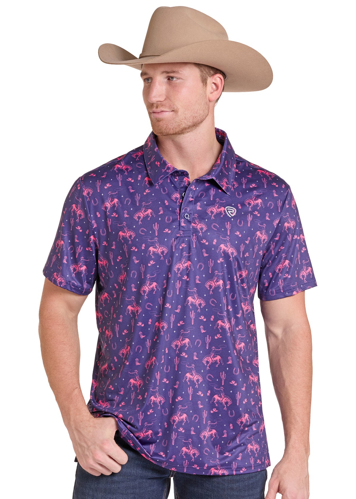 A man wearing a tan cowboy hat and a purple short-sleeve polo shirt with a pink horse pattern, posed against a plain white background.
