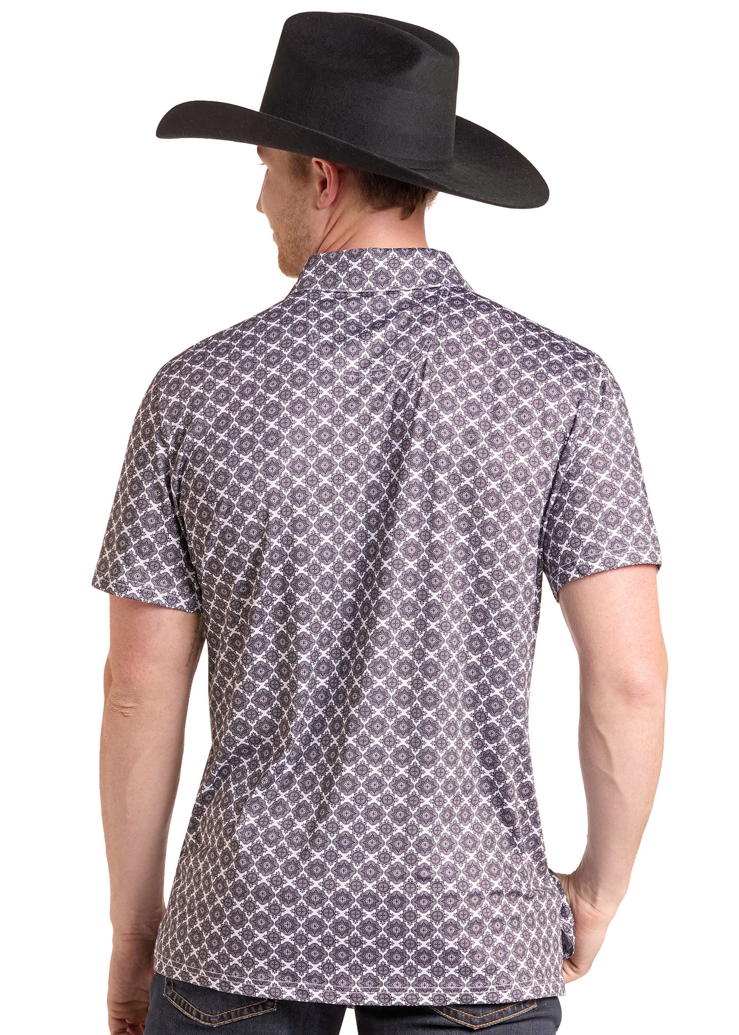 A man wearing a black cowboy hat and a short-sleeve button-up shirt with a gray and white geometric pattern, shown from the back against a white background.