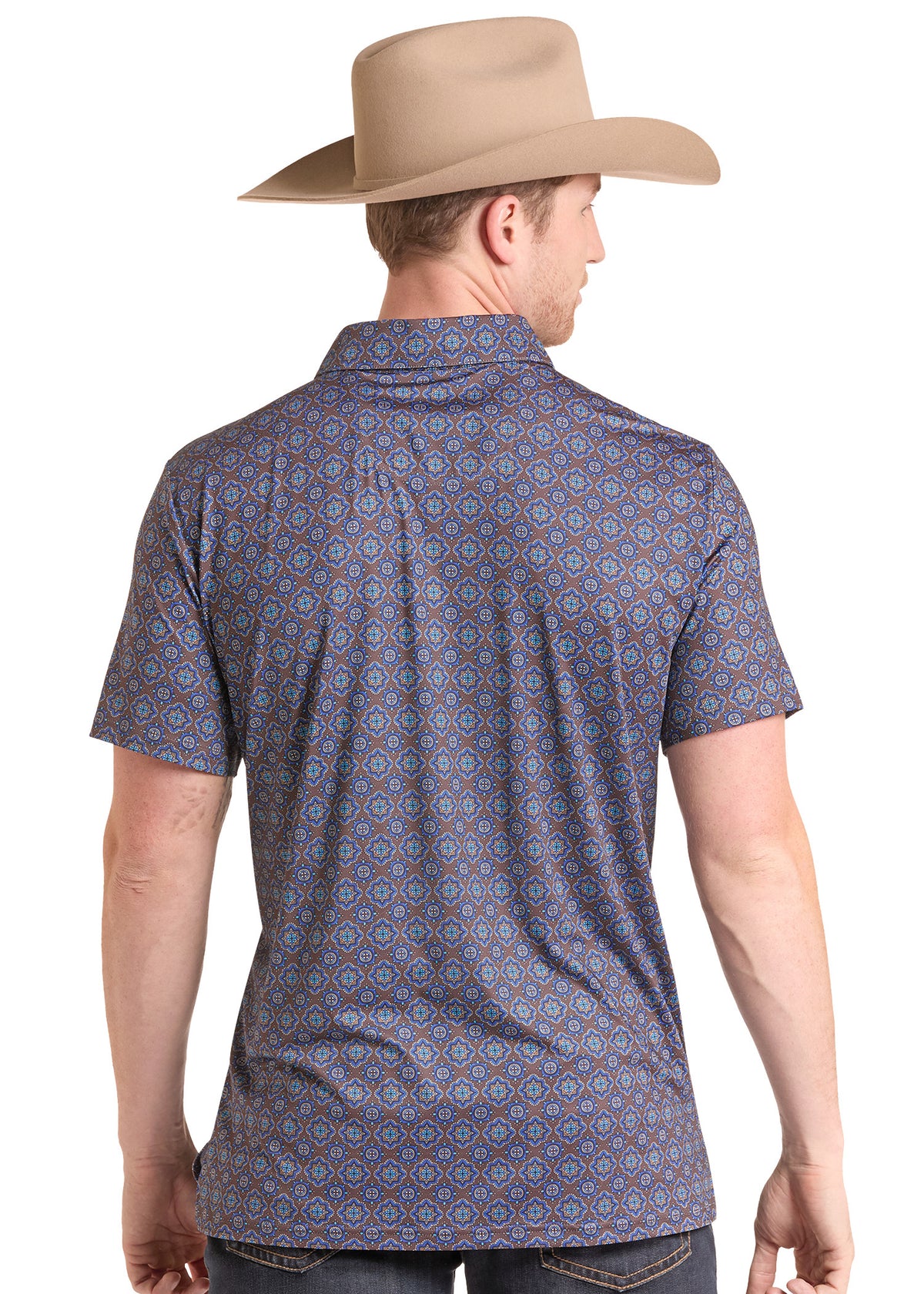 The back of a man wearing a medallion print polo