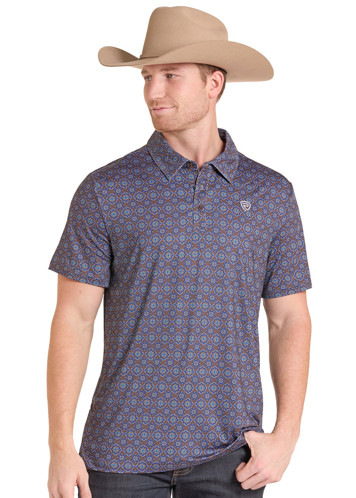 Man wearing a medallion print polo