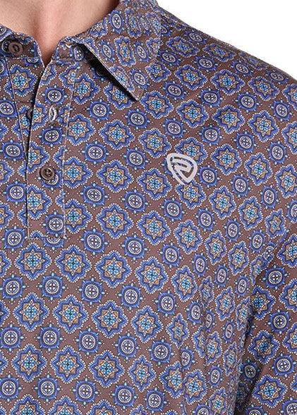 Close up of a logo and collar on a men's polo