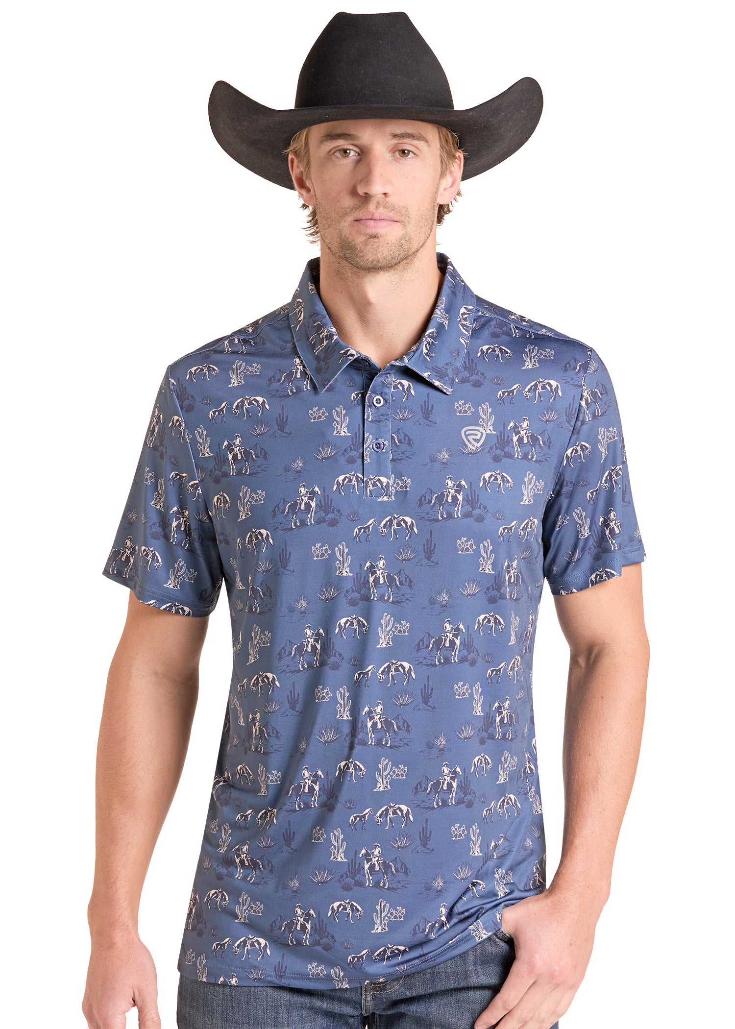 A man wearing a blue short-sleeve polo shirt with a cowboy print and a black cowboy hat, photographed against a plain white background.