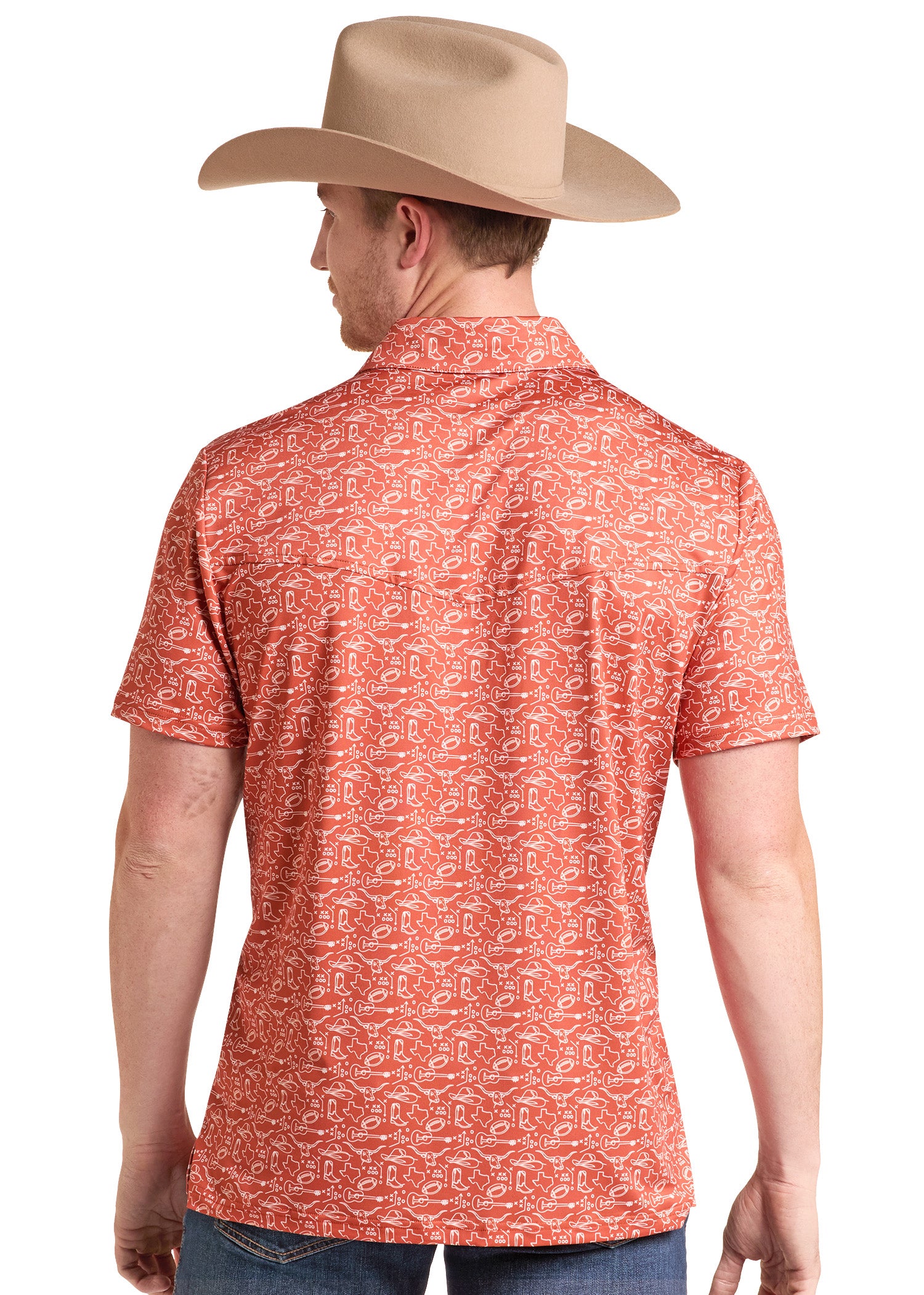 A man wearing a tan cowboy hat and a short-sleeve collared button-up shirt with an allover western-style paisley pattern in orange and white, shown from the back against a plain white background.